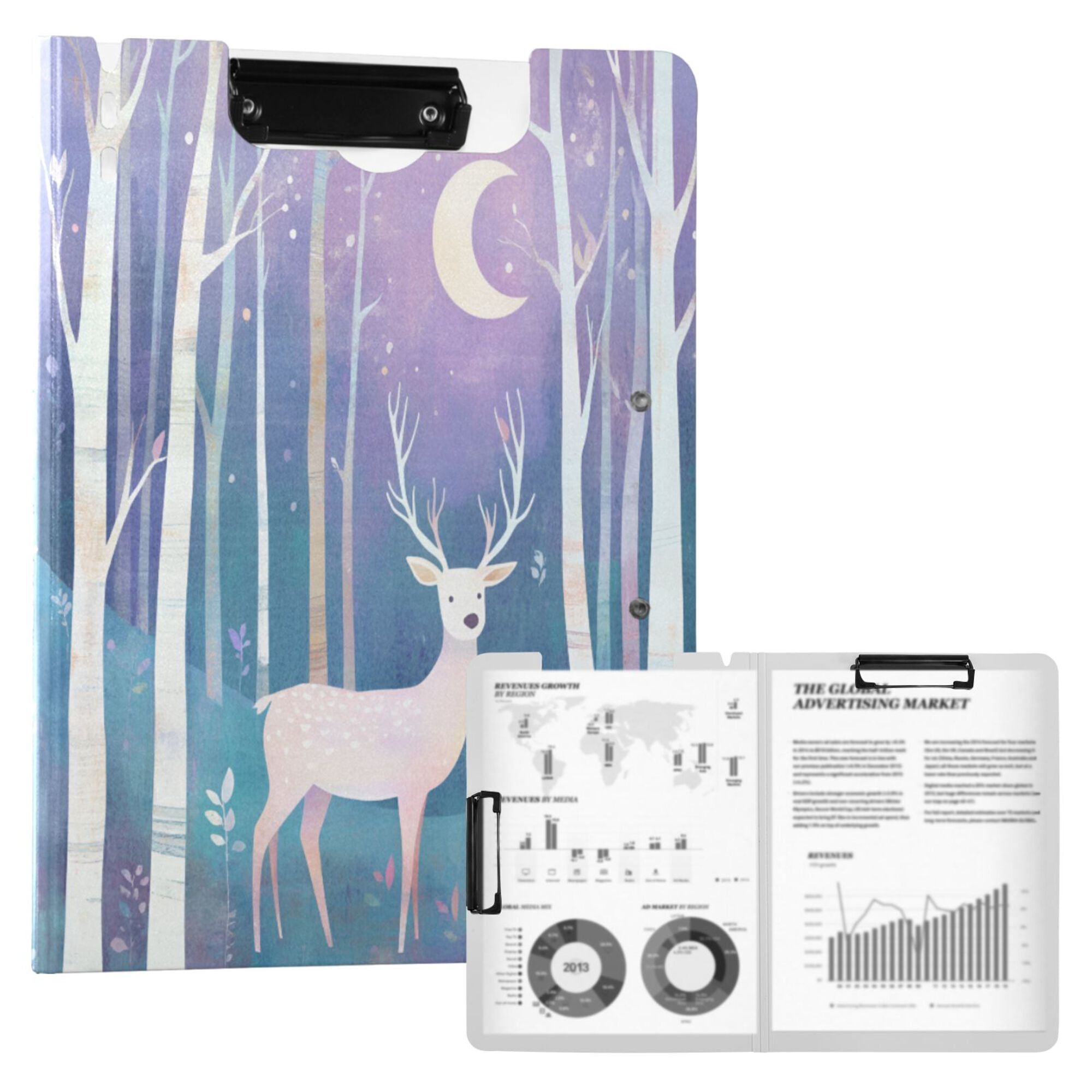 FORMRS A4 Clipboard Folder with Pen Holder Horizontal Foldable School Office Binder, Purple Night Deer