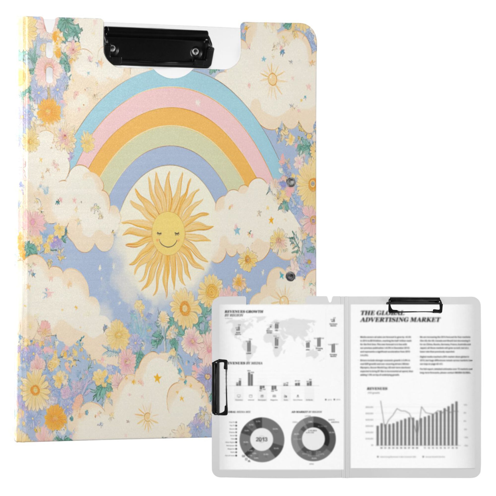 FORMRS A4 Clipboard Folder with Pen Holder Horizontal Foldable School Office Binder, Purple Rainbow Clouds
