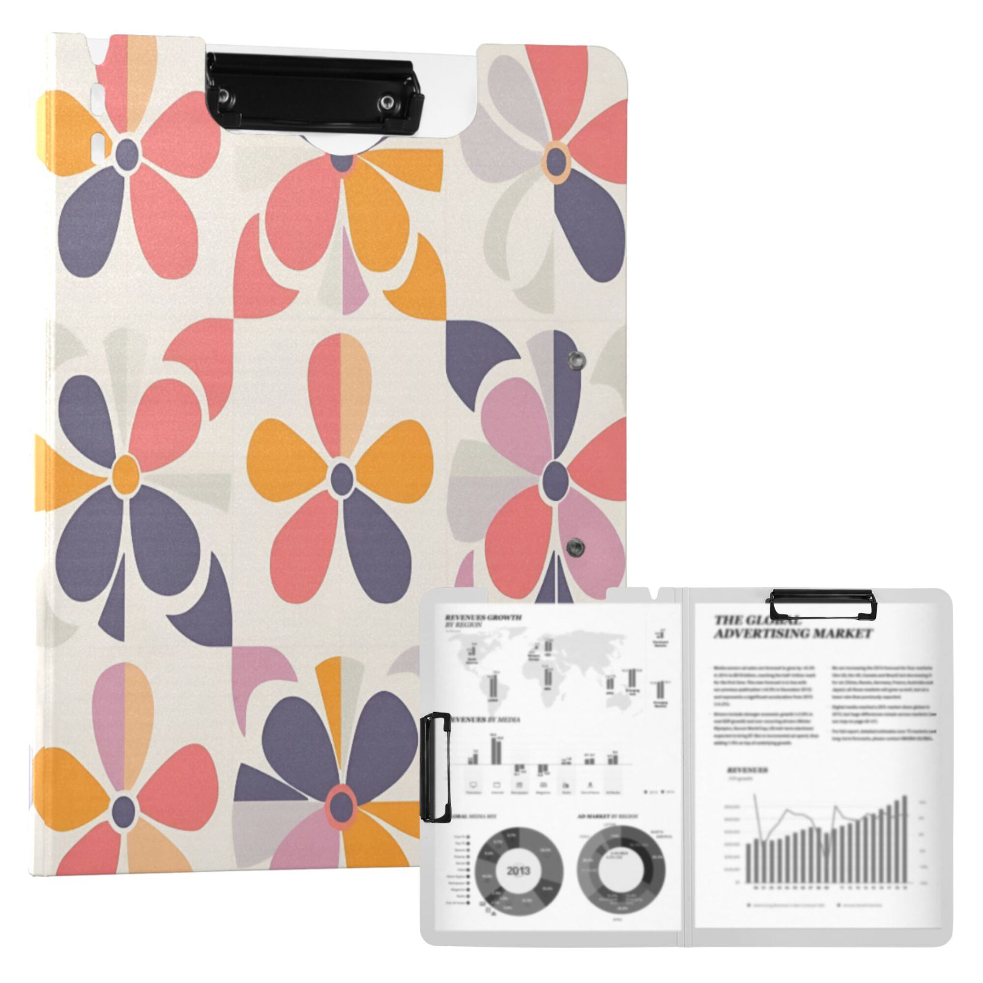 FORMRS A4 Clipboard Folder with Pen Holder Horizontal Foldable School Office Binder, Purple Retro Flower