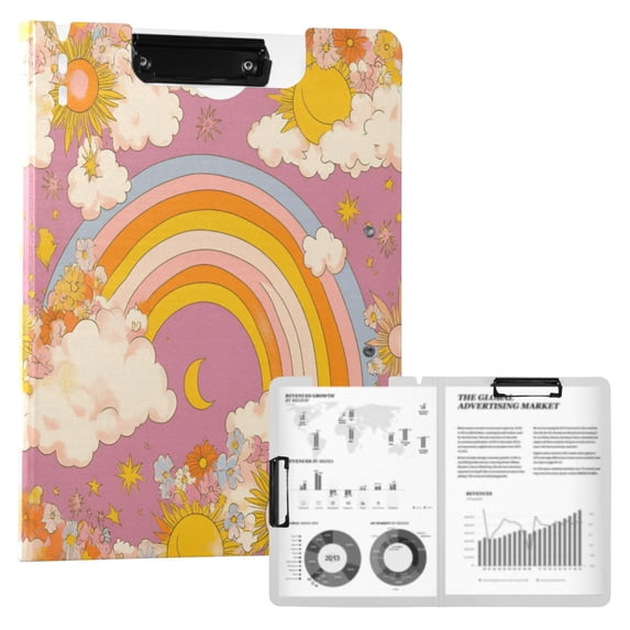 FORMRS A4 Clipboard Folder with Pen Holder Horizontal Foldable School Office Binder, Purple Retro Rainbow