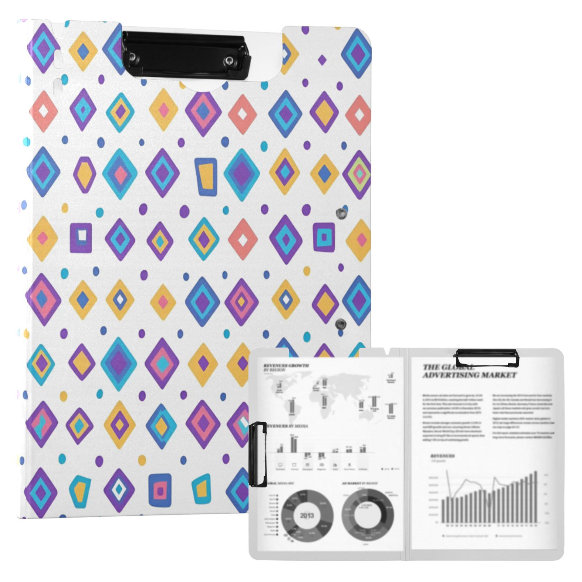 FORMRS A4 Clipboard Folder with Pen Holder Horizontal Foldable School Office Binder, Purple Retro Shapes