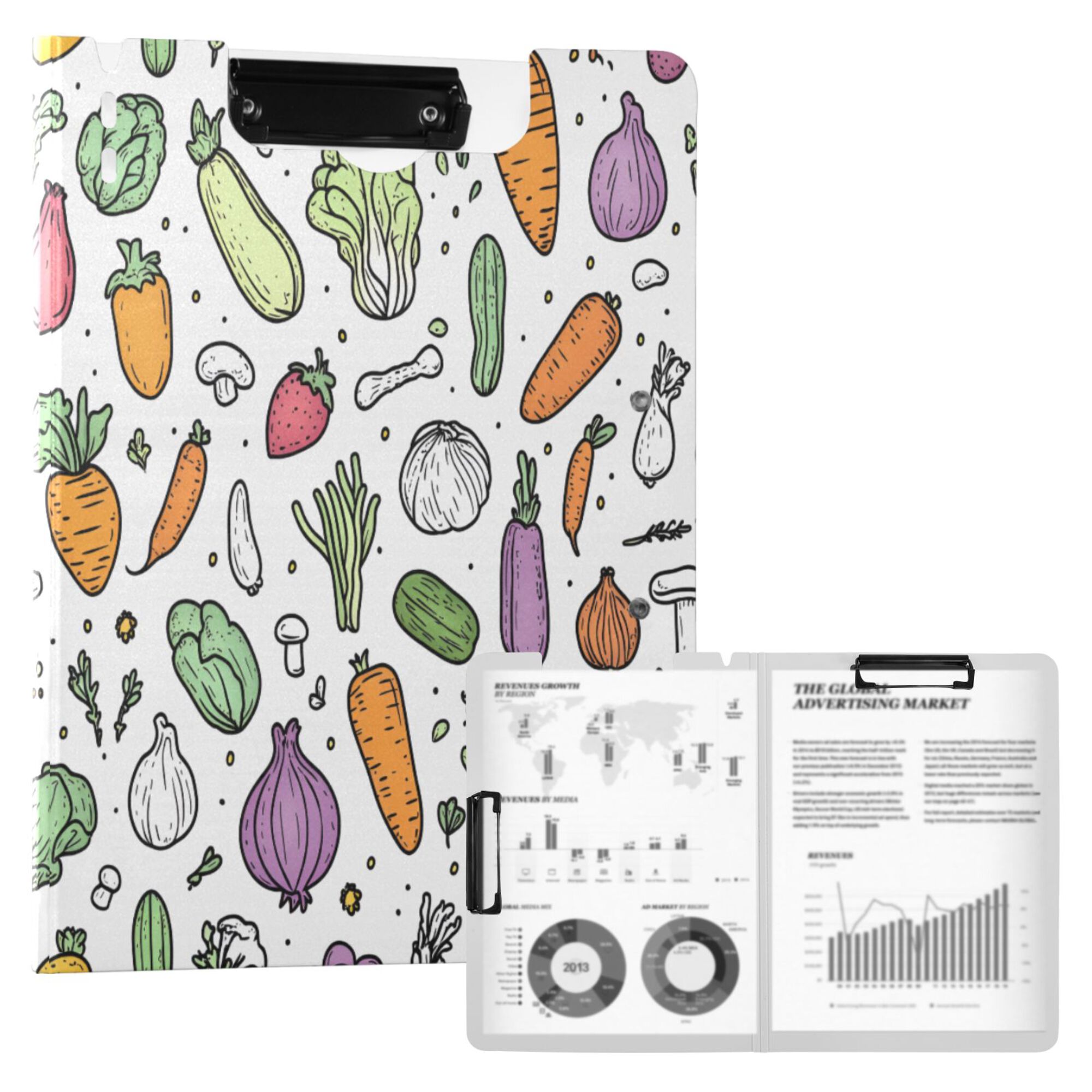 FORMRS A4 Clipboard Folder with Pen Holder Horizontal Foldable School Office Binder, Purple Vegetables Pattern