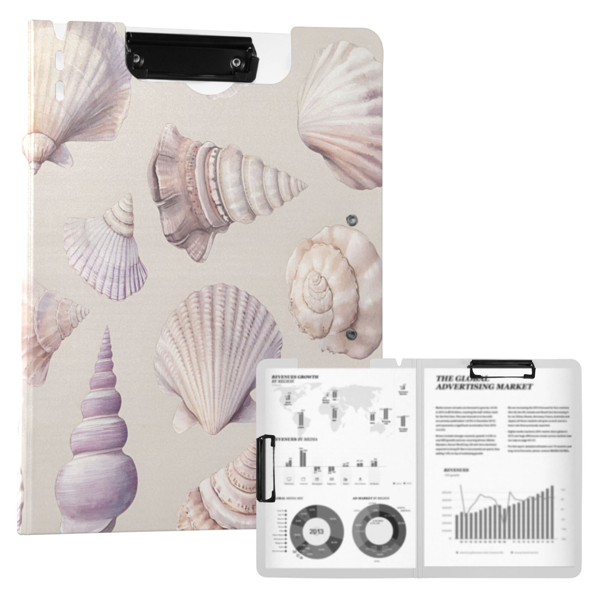 FORMRS A4 Clipboard Folder with Pen Holder Horizontal Foldable School Office Binder, Purple Watercolor Seashells