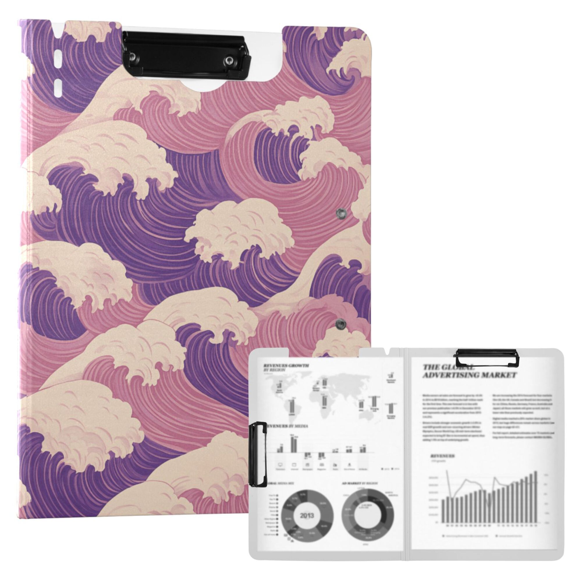 FORMRS A4 Clipboard Folder with Pen Holder Horizontal Foldable School Office Binder, Purple Wave Pattern