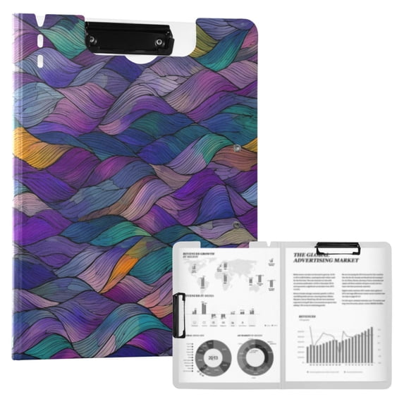 FORMRS A4 Clipboard Folder with Pen Holder Horizontal Foldable School Office Binder, Purple Waves Pattern