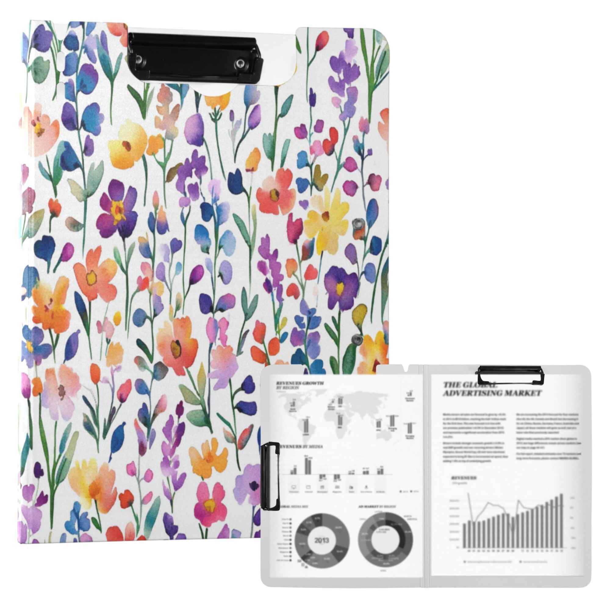 FORMRS A4 Clipboard Folder with Pen Holder Horizontal Foldable School Office Binder, Purple Wildflower Pattern