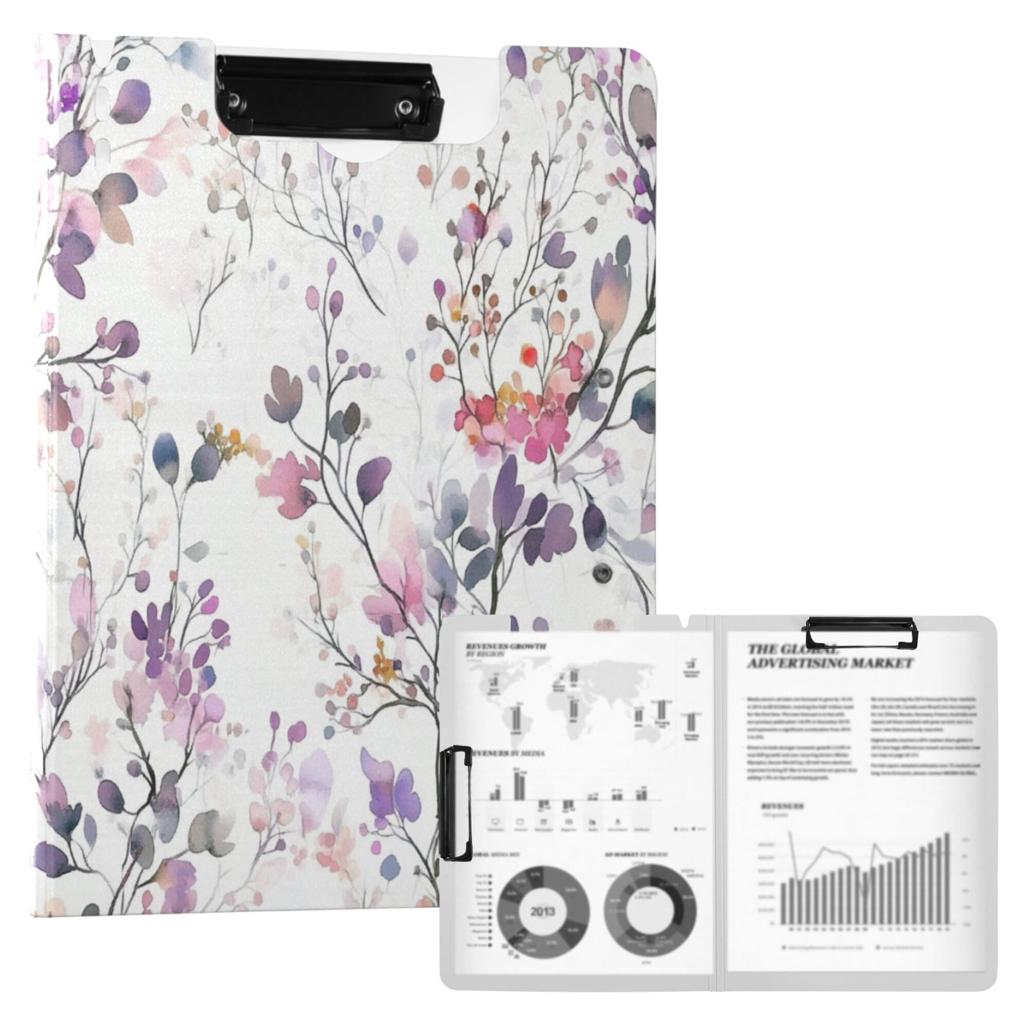 FORMRS A4 Clipboard Folder with Pen Holder Horizontal Foldable School Office Binder, Purple Wildflowers