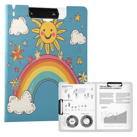 FORMRS A4 Clipboard Folder with Pen Holder Horizontal Foldable School Office Binder, Rainbow with Stars