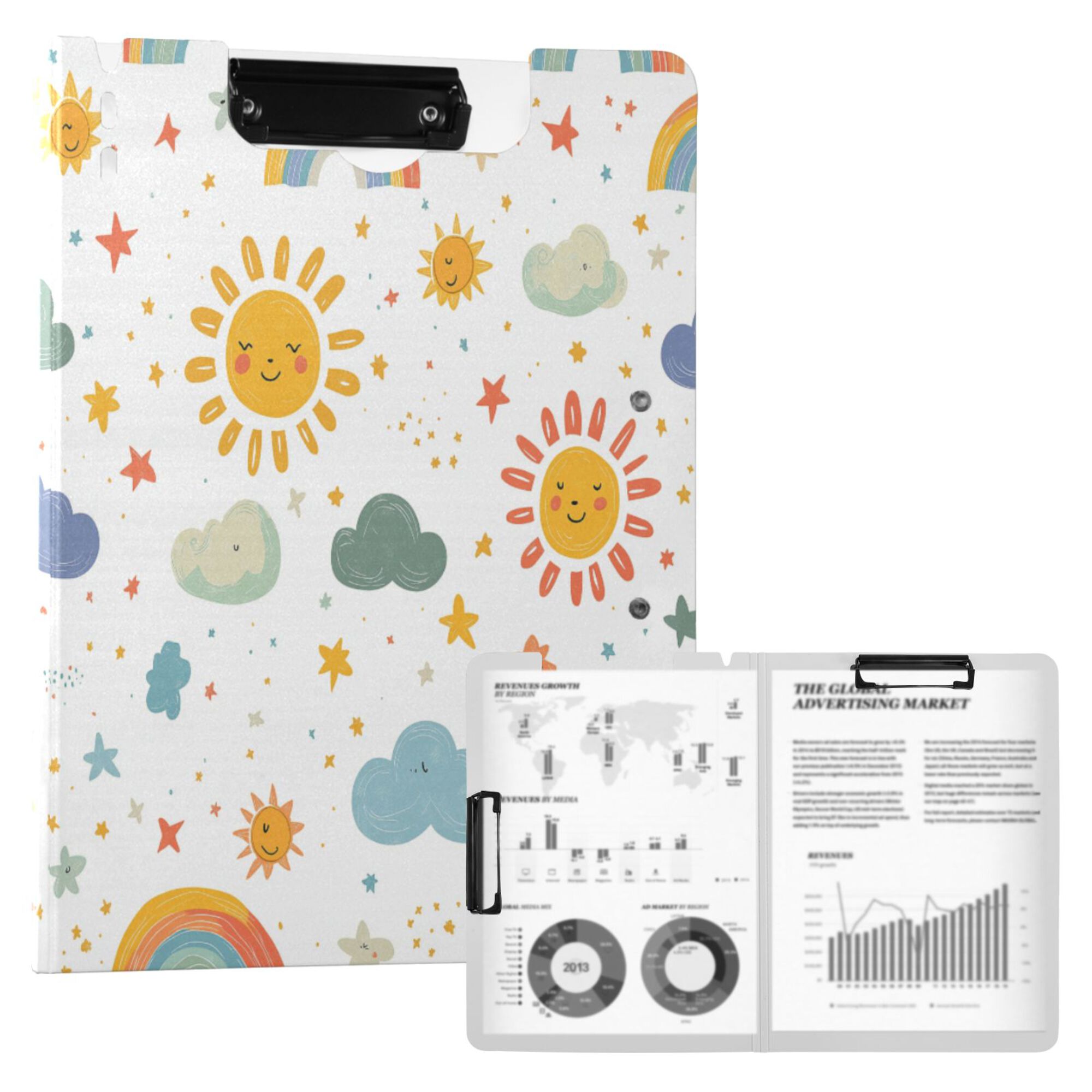 FORMRS A4 Clipboard Folder with Pen Holder Horizontal Foldable School Office Binder, Rainbows Pattern