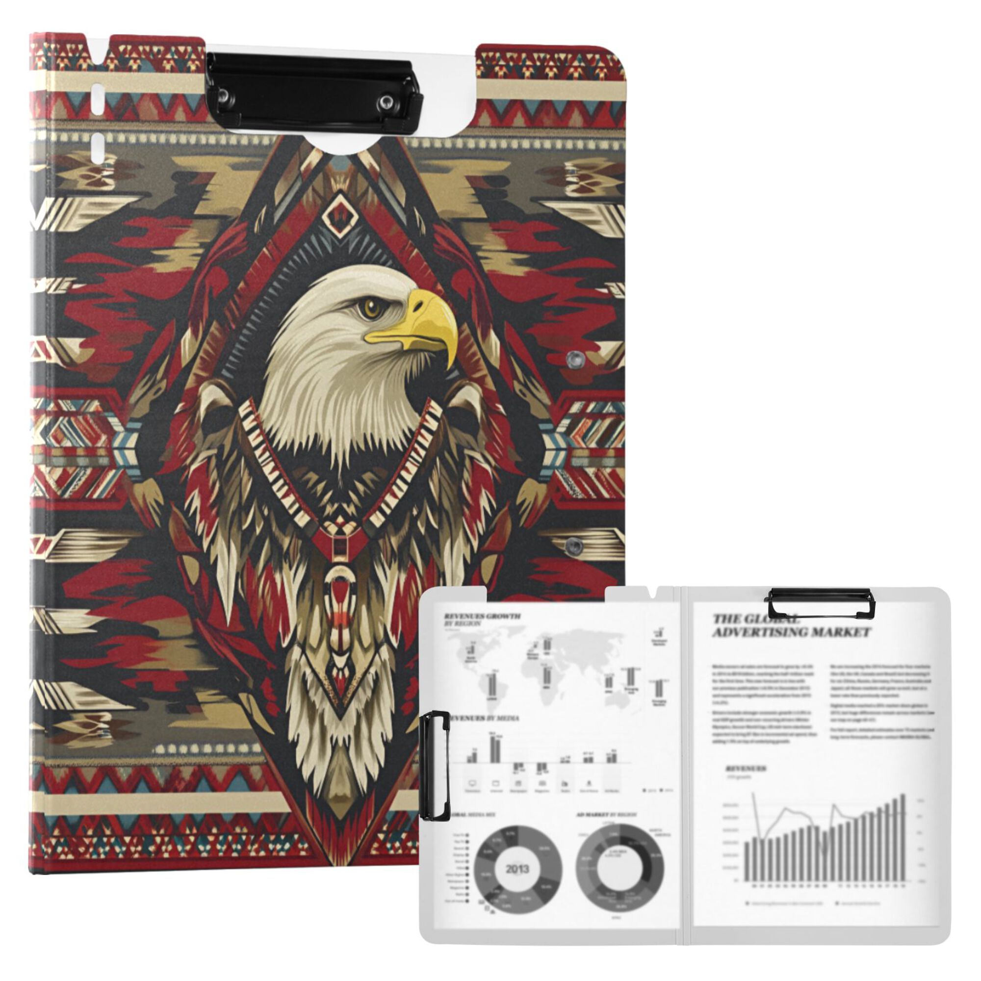 FORMRS A4 Clipboard Folder with Pen Holder Horizontal Foldable School Office Binder, Red Abstract Eagle