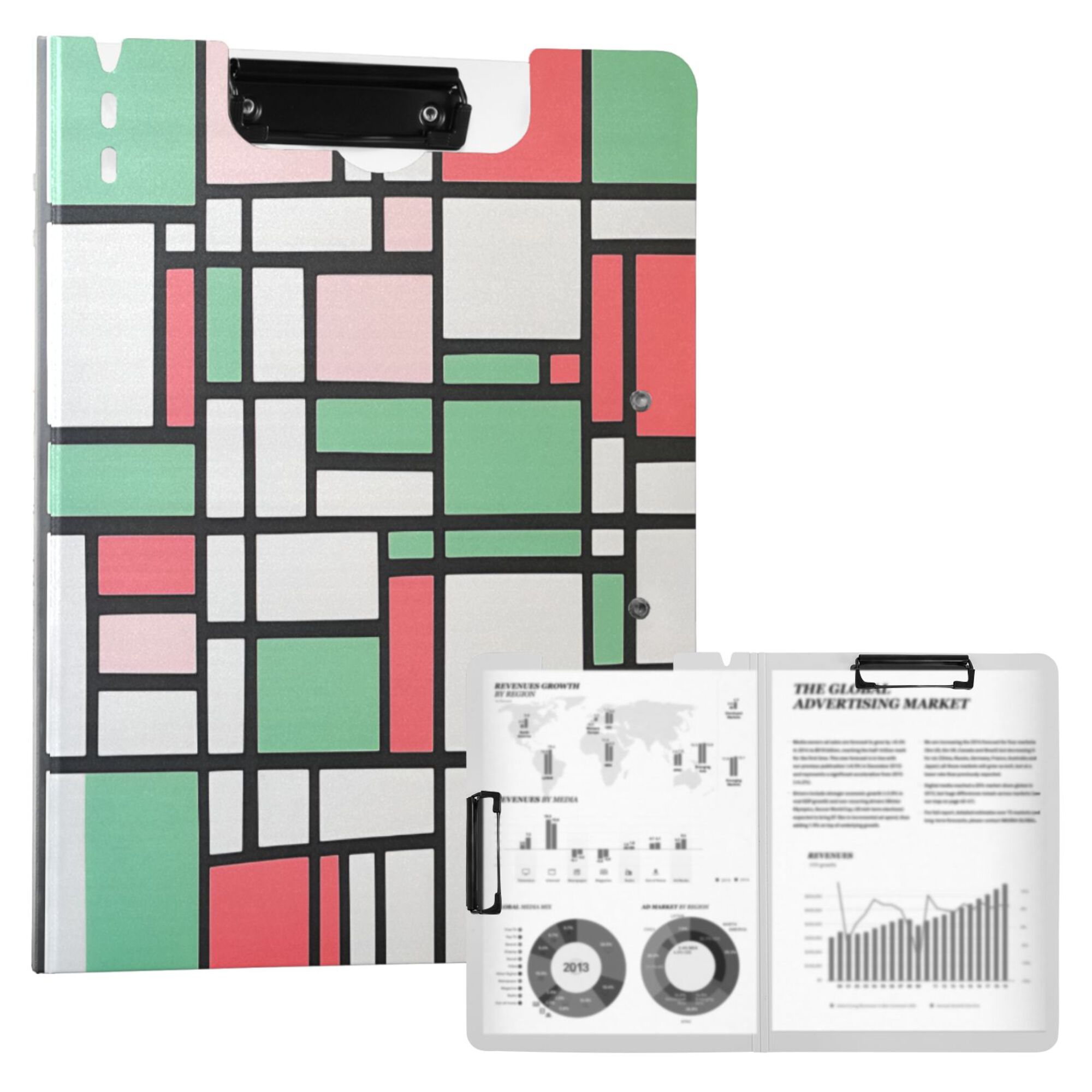 FORMRS A4 Clipboard Folder with Pen Holder Horizontal Foldable School Office Binder, Red Abstract Geometric