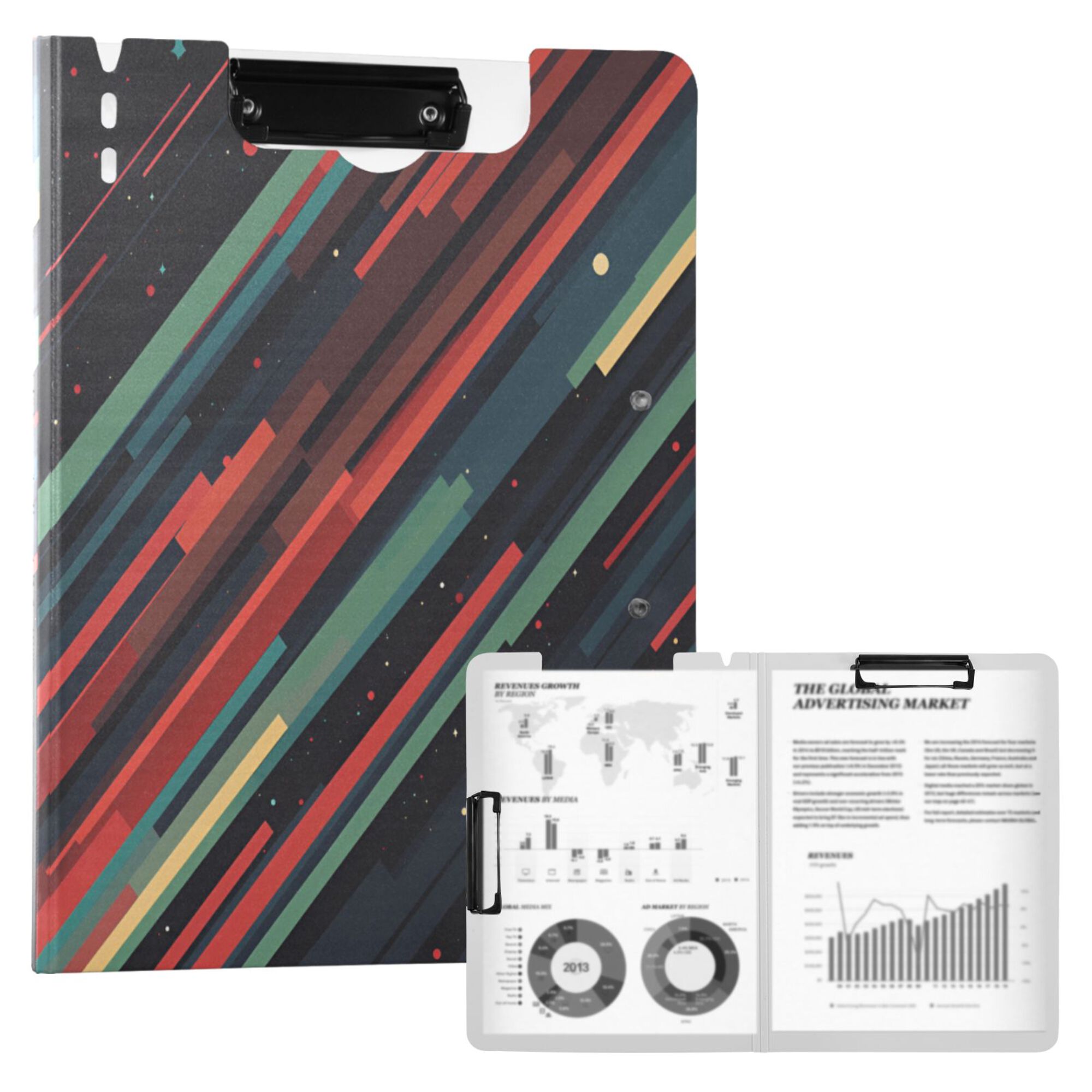 FORMRS A4 Clipboard Folder with Pen Holder Horizontal Foldable School Office Binder, Red Abstract Lines