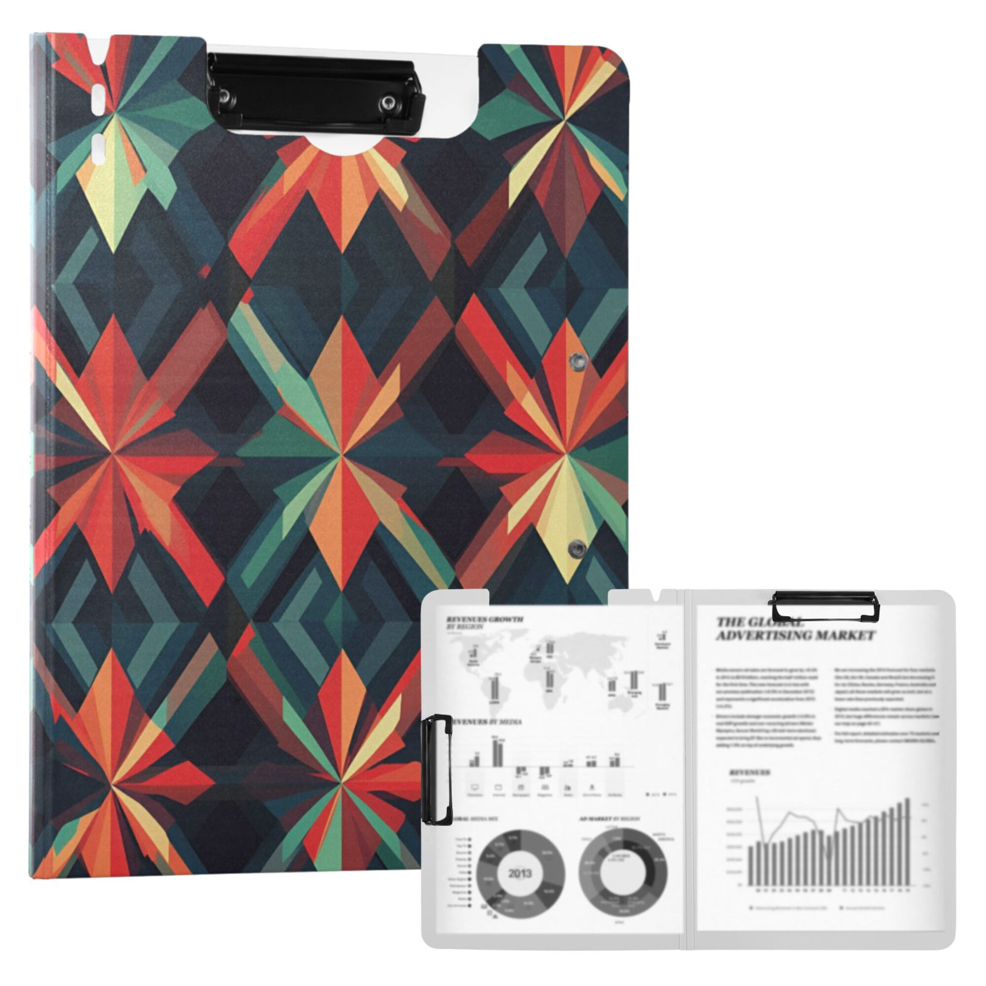 FORMRS A4 Clipboard Folder with Pen Holder Horizontal Foldable School Office Binder, Red Abstract
