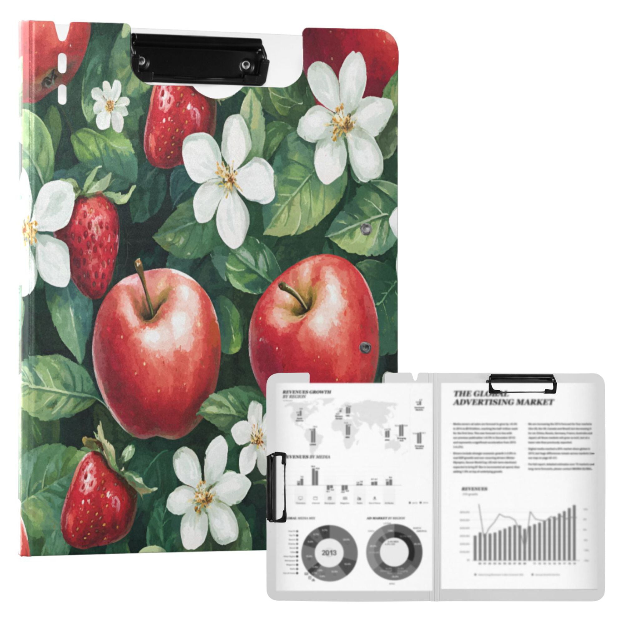FORMRS A4 Clipboard Folder with Pen Holder Horizontal Foldable School Office Binder, Red Apple Pattern