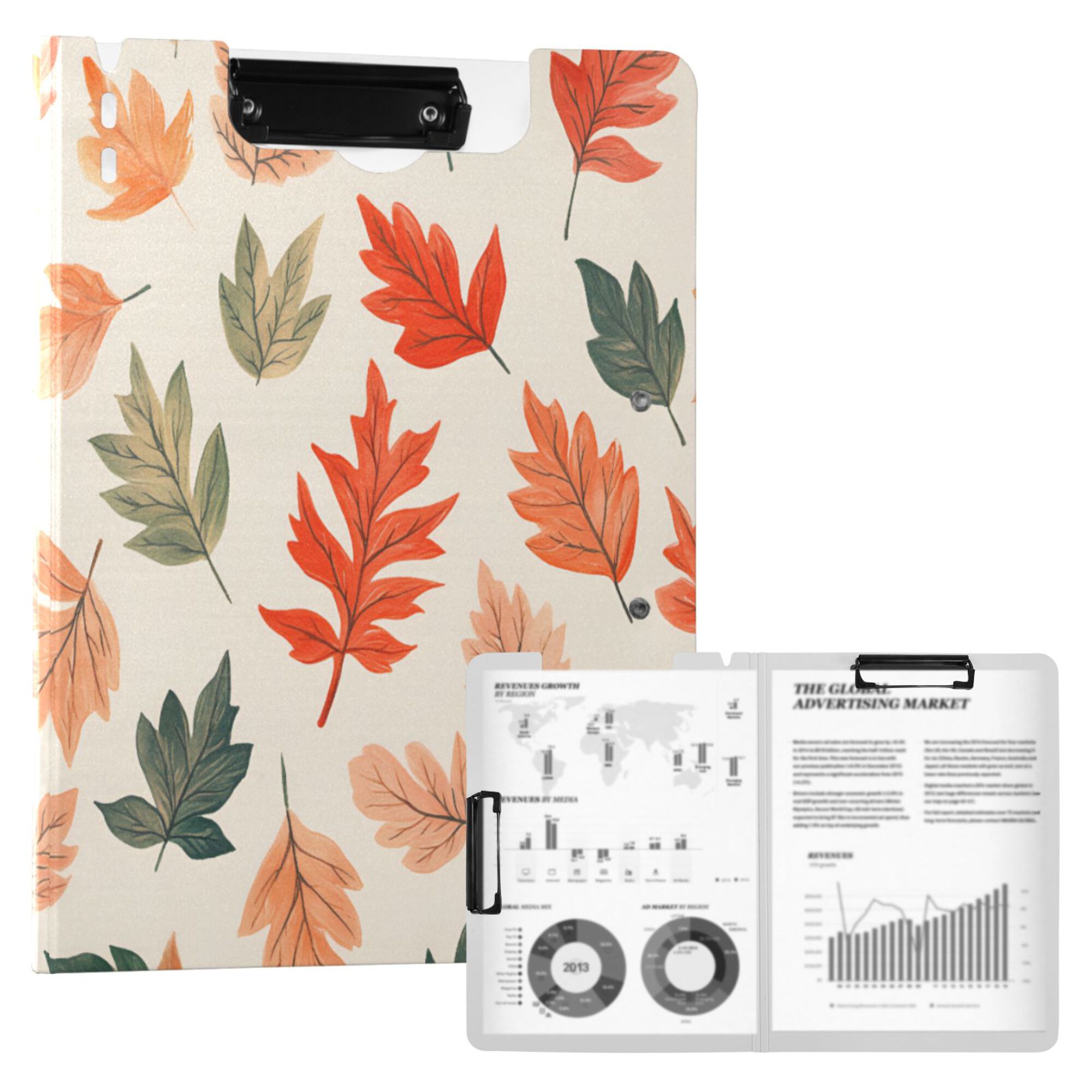 FORMRS A4 Clipboard Folder with Pen Holder Horizontal Foldable School Office Binder, Red Autumn Leaves
