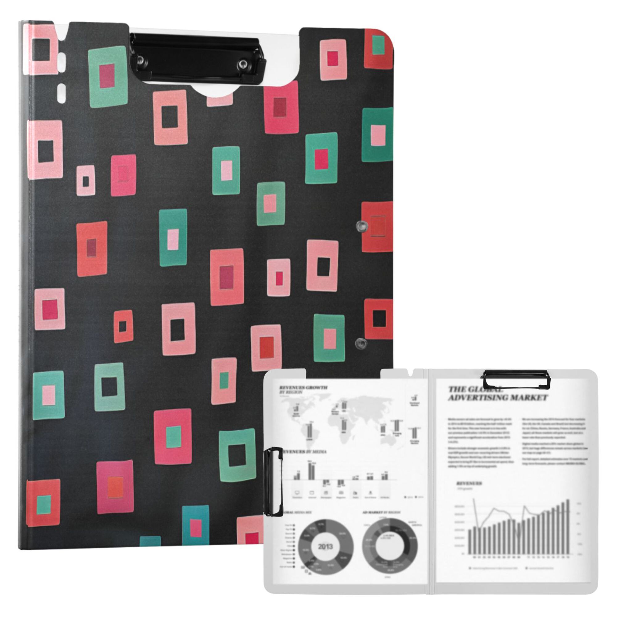 FORMRS A4 Clipboard Folder with Pen Holder Horizontal Foldable School Office Binder, Red Block Pattern