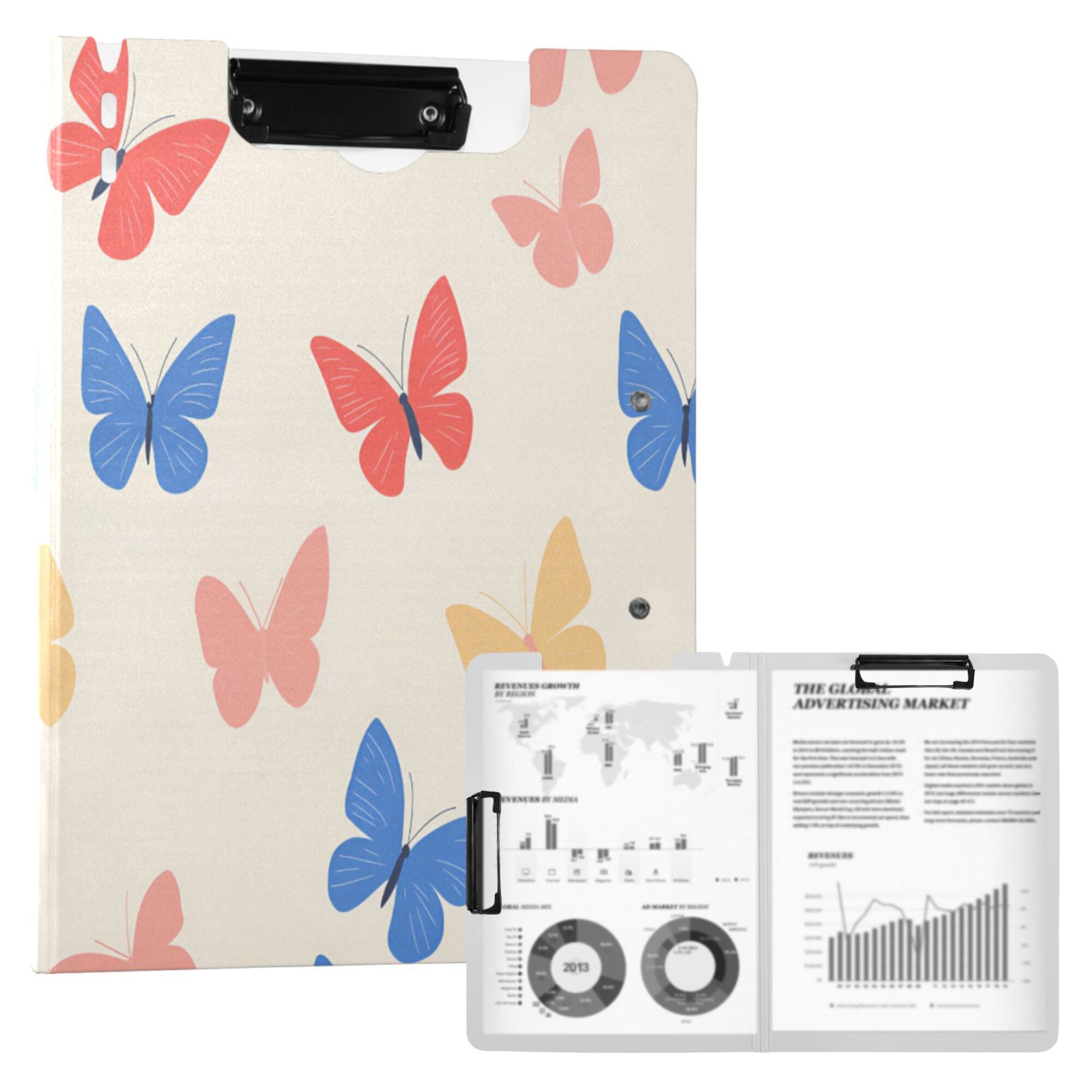 FORMRS A4 Clipboard Folder with Pen Holder Horizontal Foldable School Office Binder, Red Butterflies