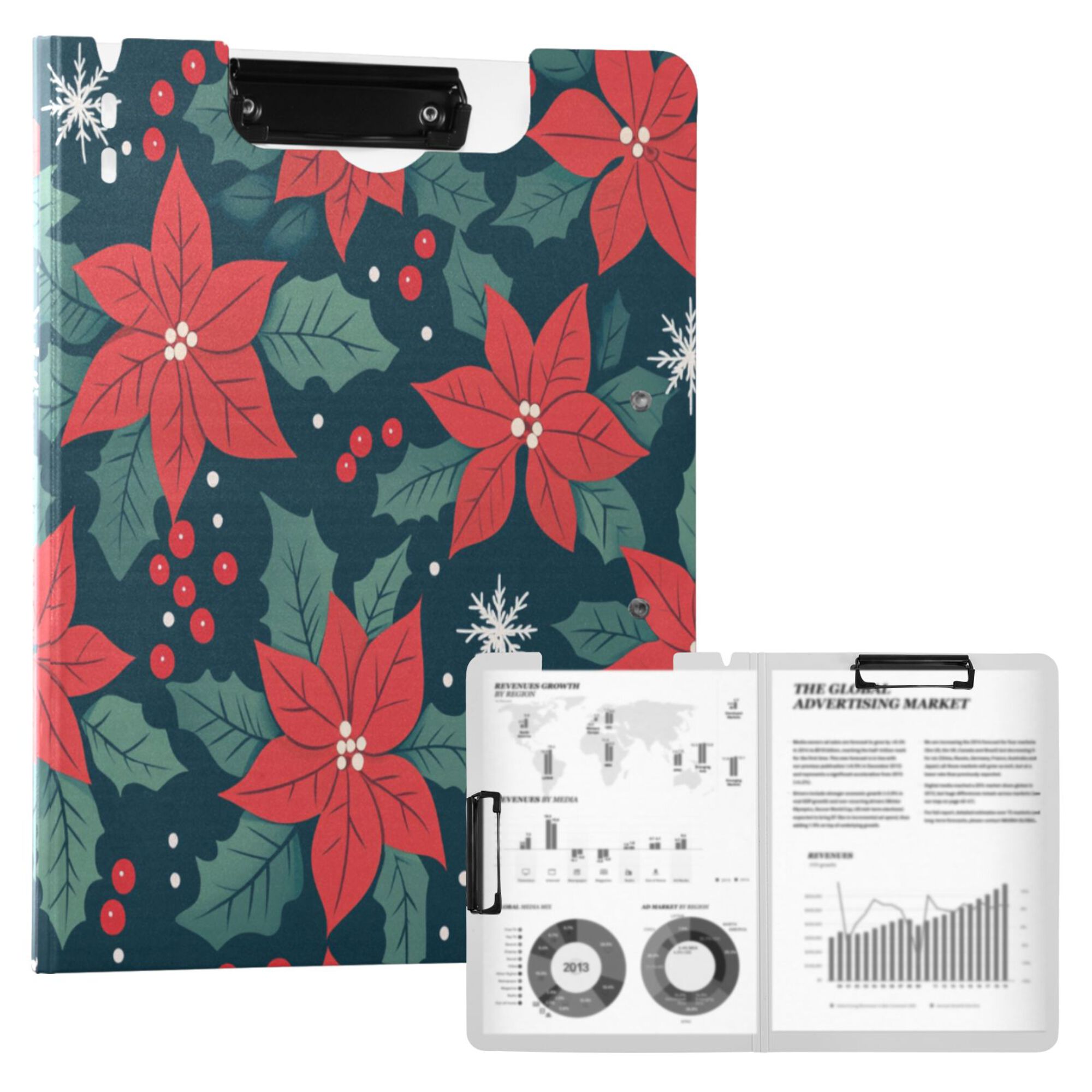 FORMRS A4 Clipboard Folder with Pen Holder Horizontal Foldable School Office Binder, Red Christmas Leaves