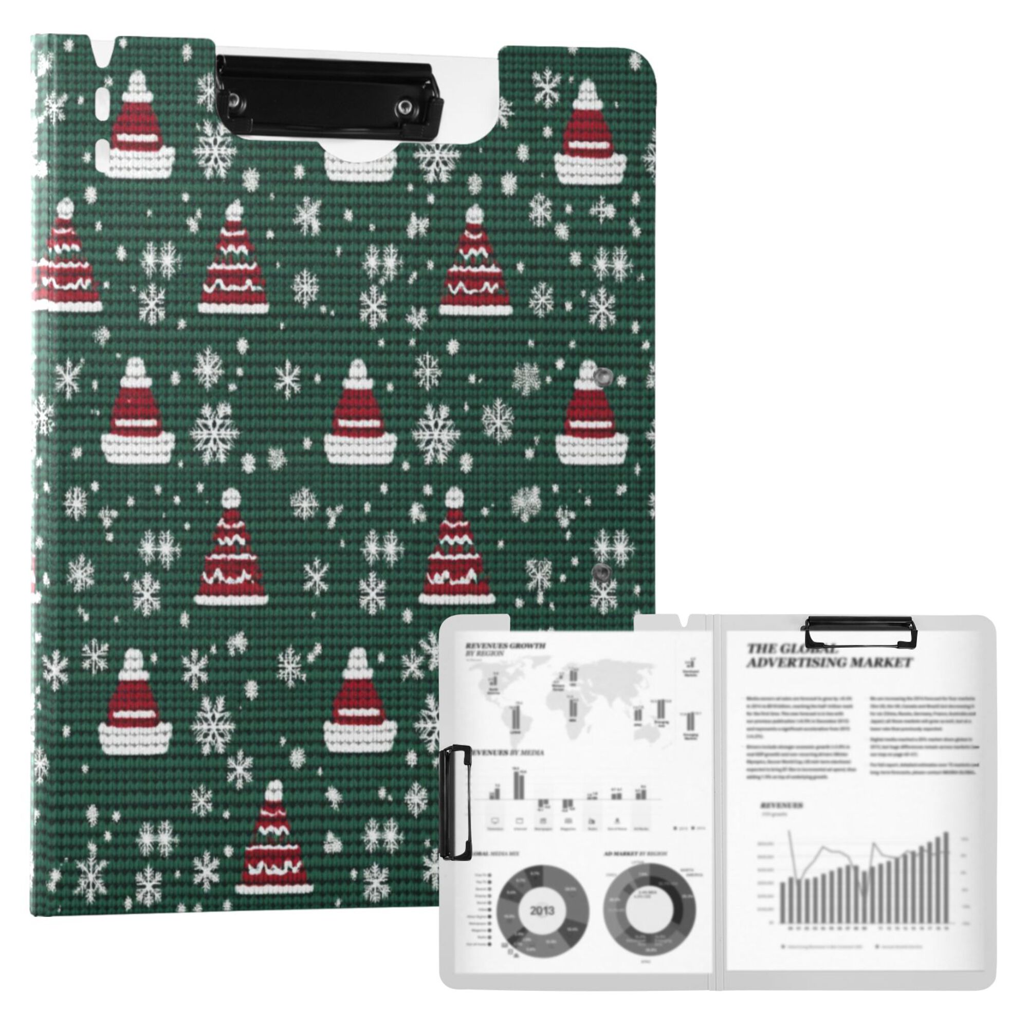 FORMRS A4 Clipboard Folder with Pen Holder Horizontal Foldable School Office Binder, Red Christmas Trees