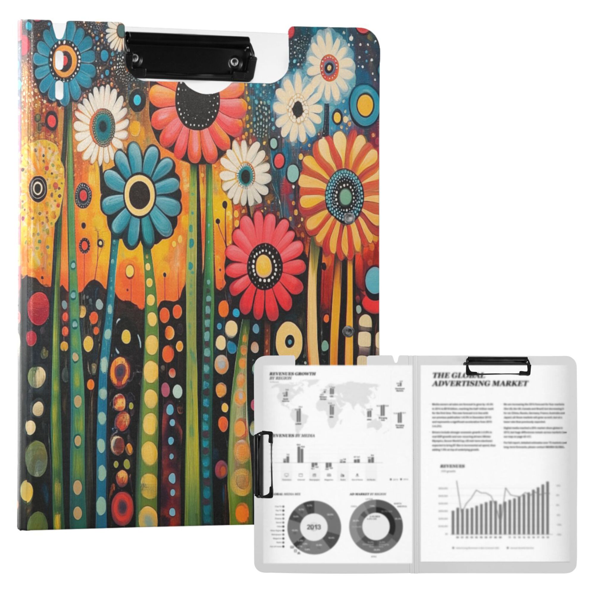 FORMRS A4 Clipboard Folder with Pen Holder Horizontal Foldable School Office Binder, Red Colorful Flowers with Dots