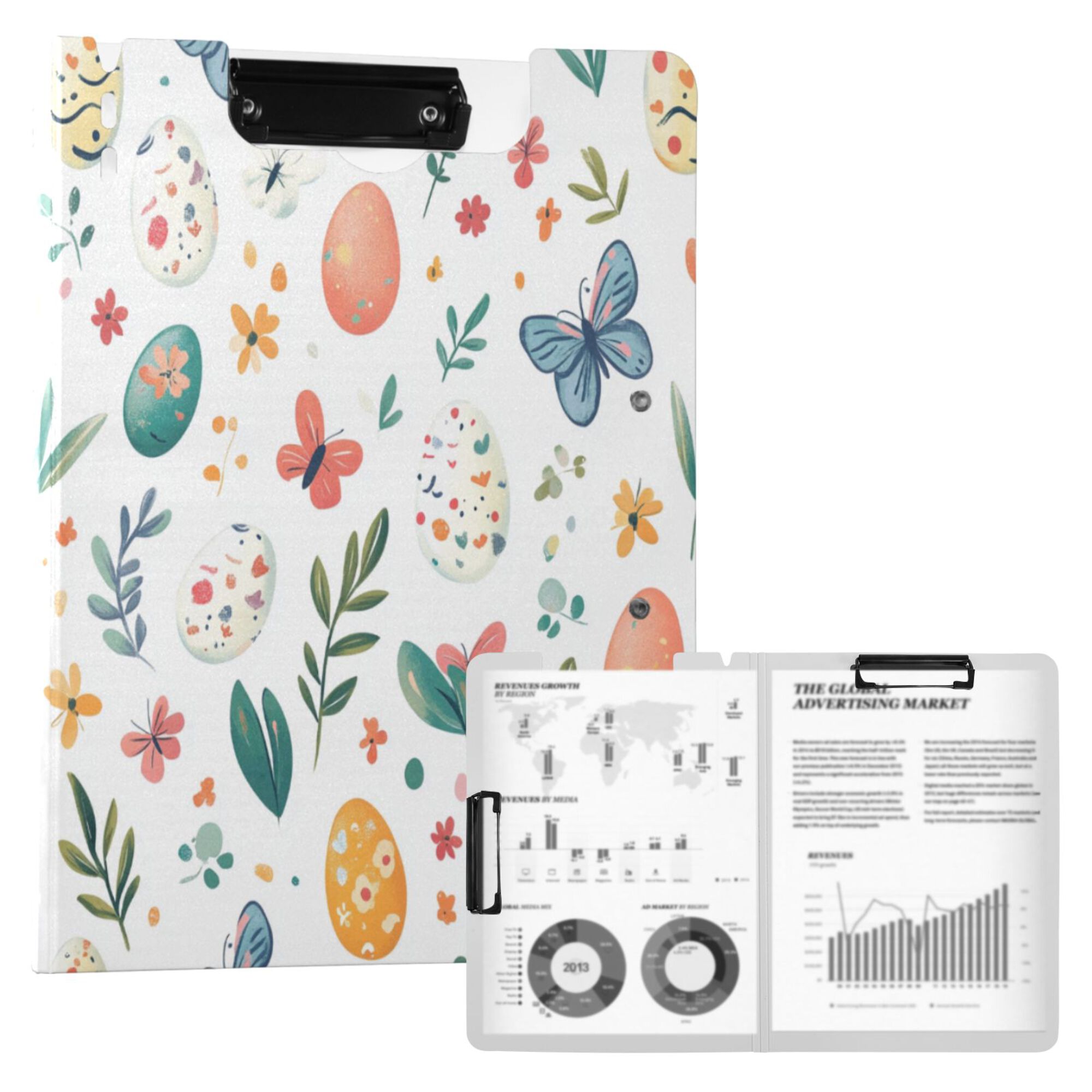 FORMRS A4 Clipboard Folder with Pen Holder Horizontal Foldable School Office Binder, Red Easter Eggs