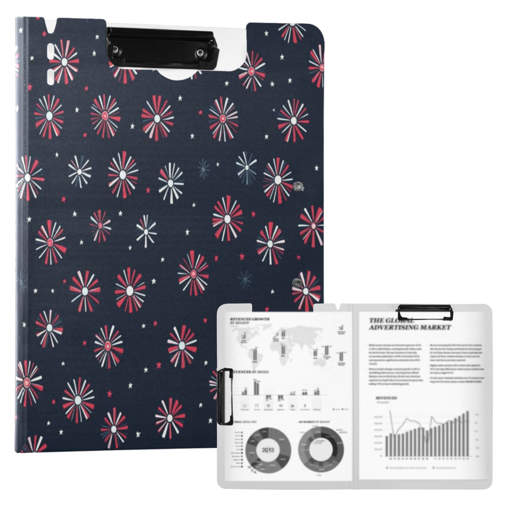 FORMRS A4 Clipboard Folder with Pen Holder Horizontal Foldable School Office Binder, Red Fireworks Pattern