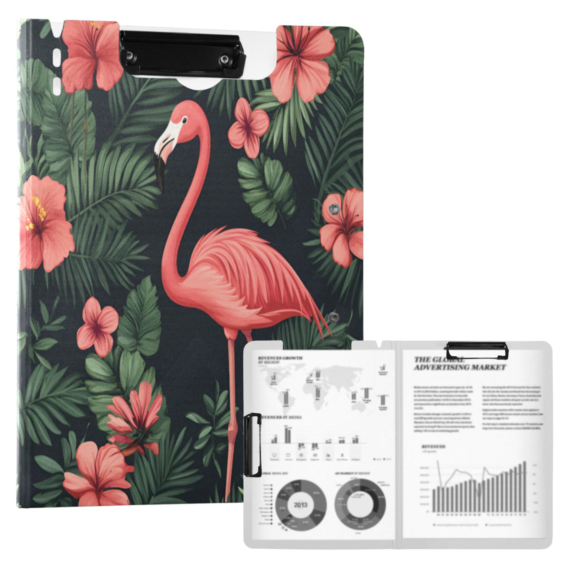 FORMRS A4 Clipboard Folder with Pen Holder Horizontal Foldable School Office Binder, Red Flamingo Pattern