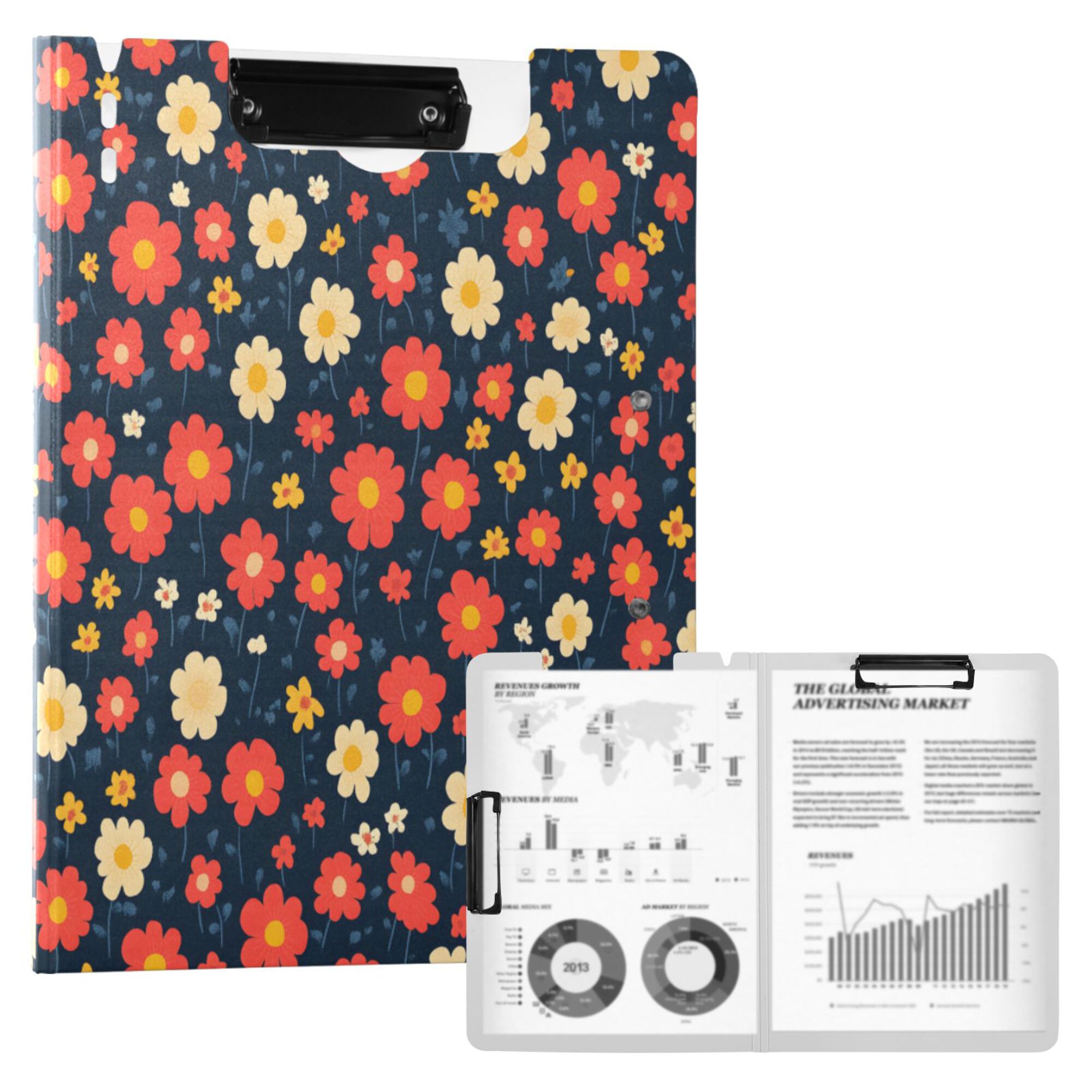 FORMRS A4 Clipboard Folder with Pen Holder Horizontal Foldable School Office Binder, Red Floral
