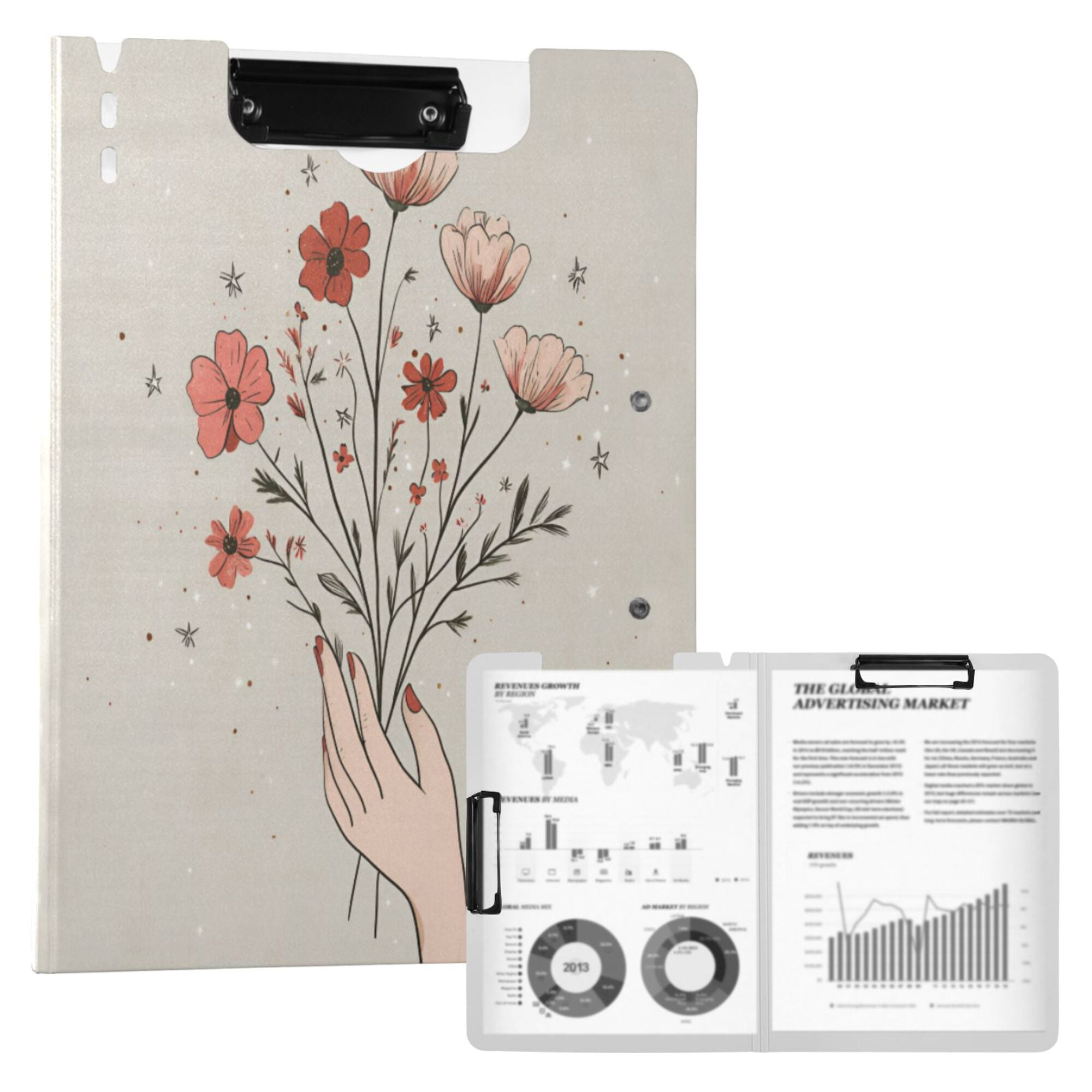 FORMRS A4 Clipboard Folder with Pen Holder Horizontal Foldable School Office Binder, Red Flower