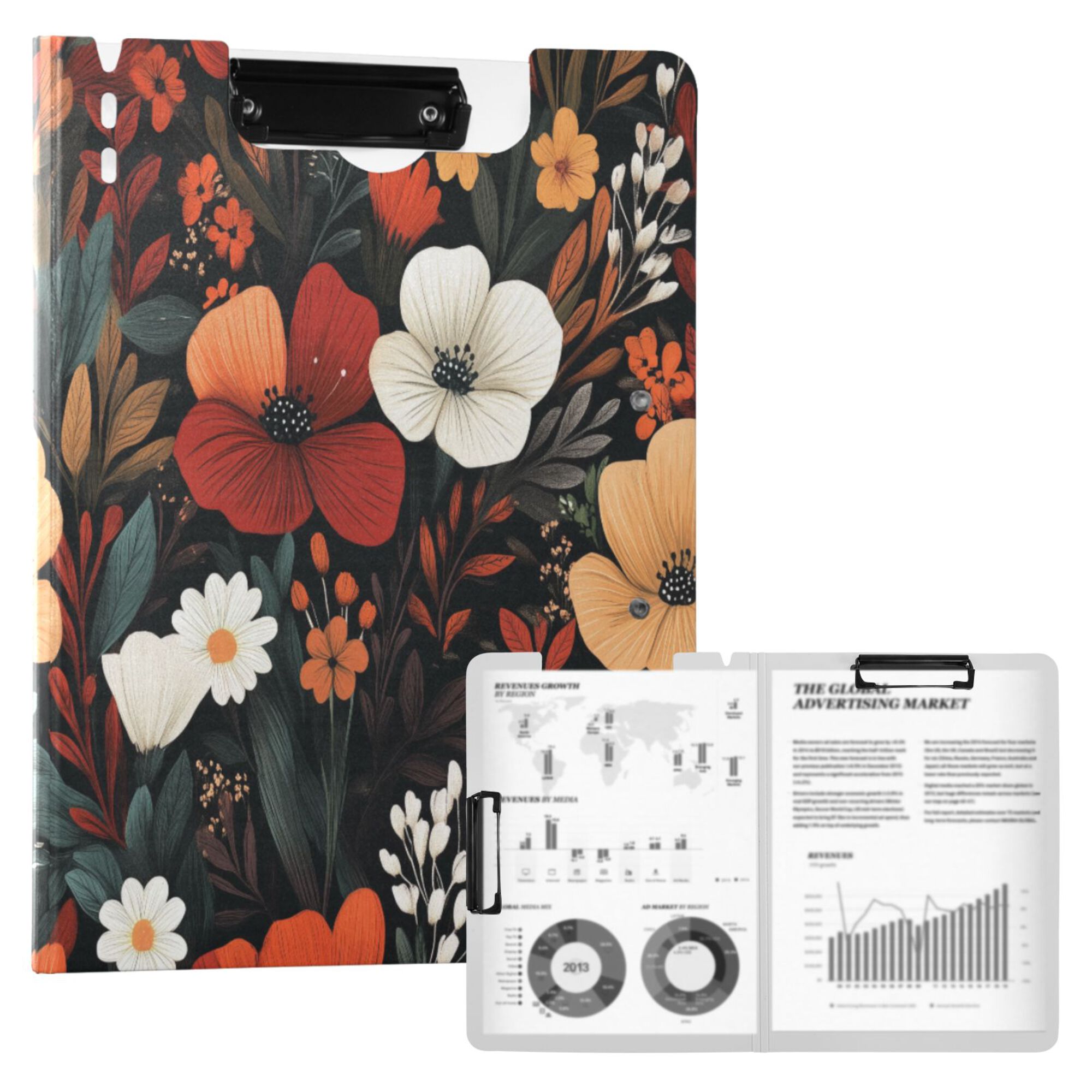 FORMRS A4 Clipboard Folder with Pen Holder Horizontal Foldable School Office Binder, Red Flowers Pattern