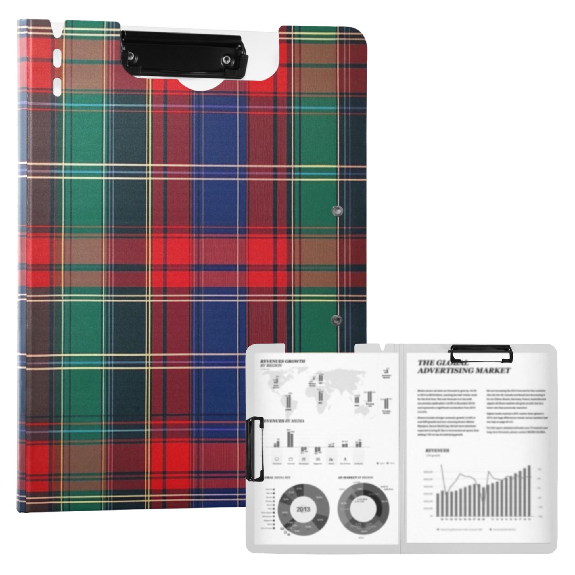 FORMRS A4 Clipboard Folder with Pen Holder Horizontal Foldable School Office Binder, Red Green Pattern