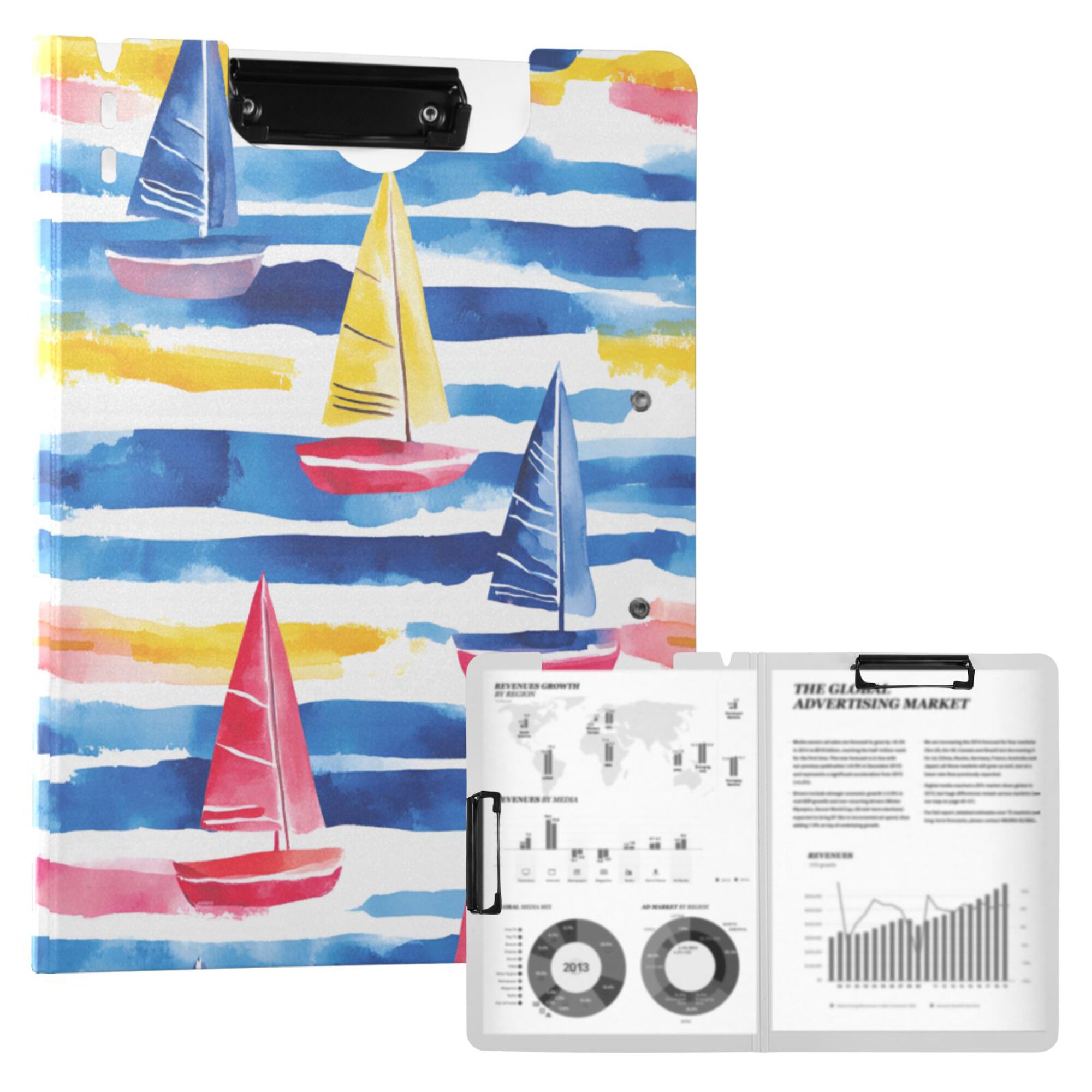 FORMRS A4 Clipboard Folder with Pen Holder Horizontal Foldable School Office Binder, Red Hand Drawn Sailboats