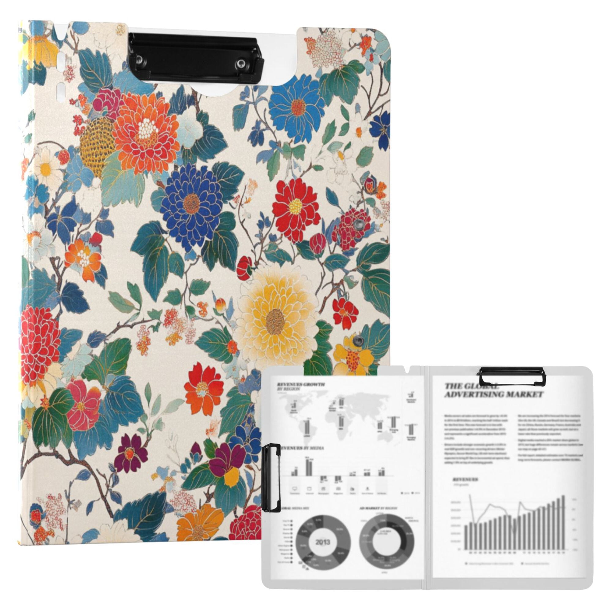 FORMRS A4 Clipboard Folder with Pen Holder Horizontal Foldable School Office Binder, Red Japanese Floral Pattern