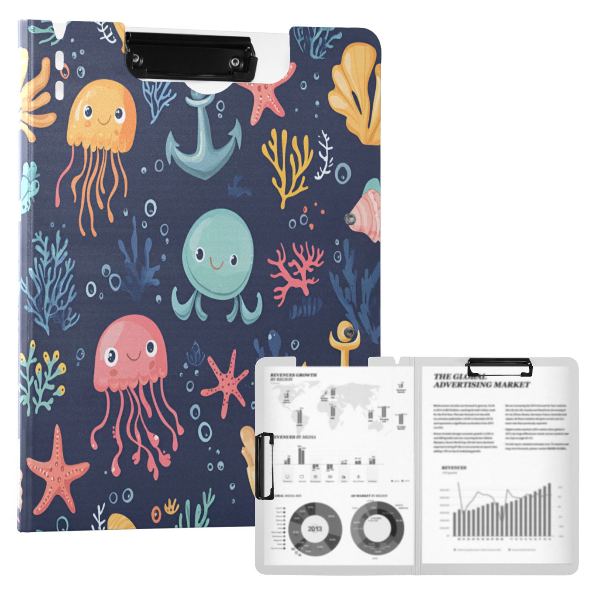 FORMRS A4 Clipboard Folder with Pen Holder Horizontal Foldable School Office Binder, Red Jellyfish