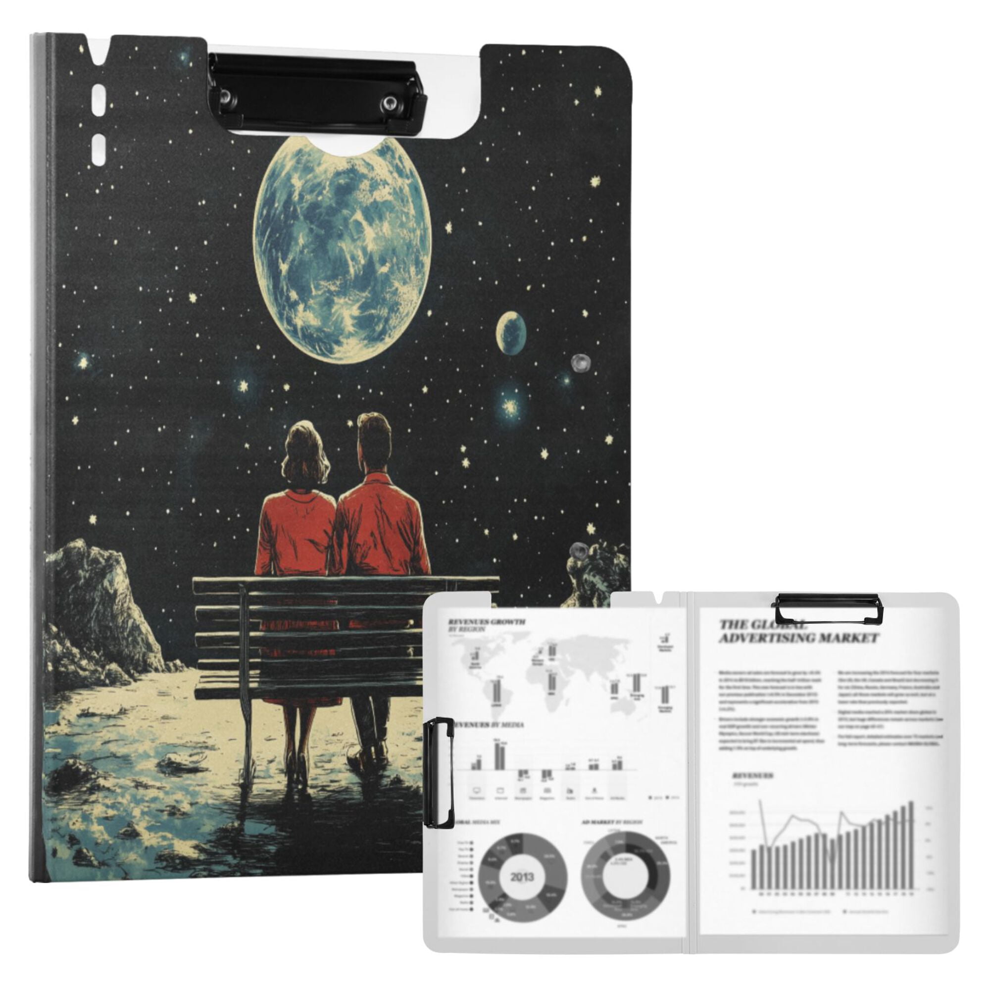 FORMRS A4 Clipboard Folder with Pen Holder Horizontal Foldable School Office Binder, Red Sitting on The Moon
