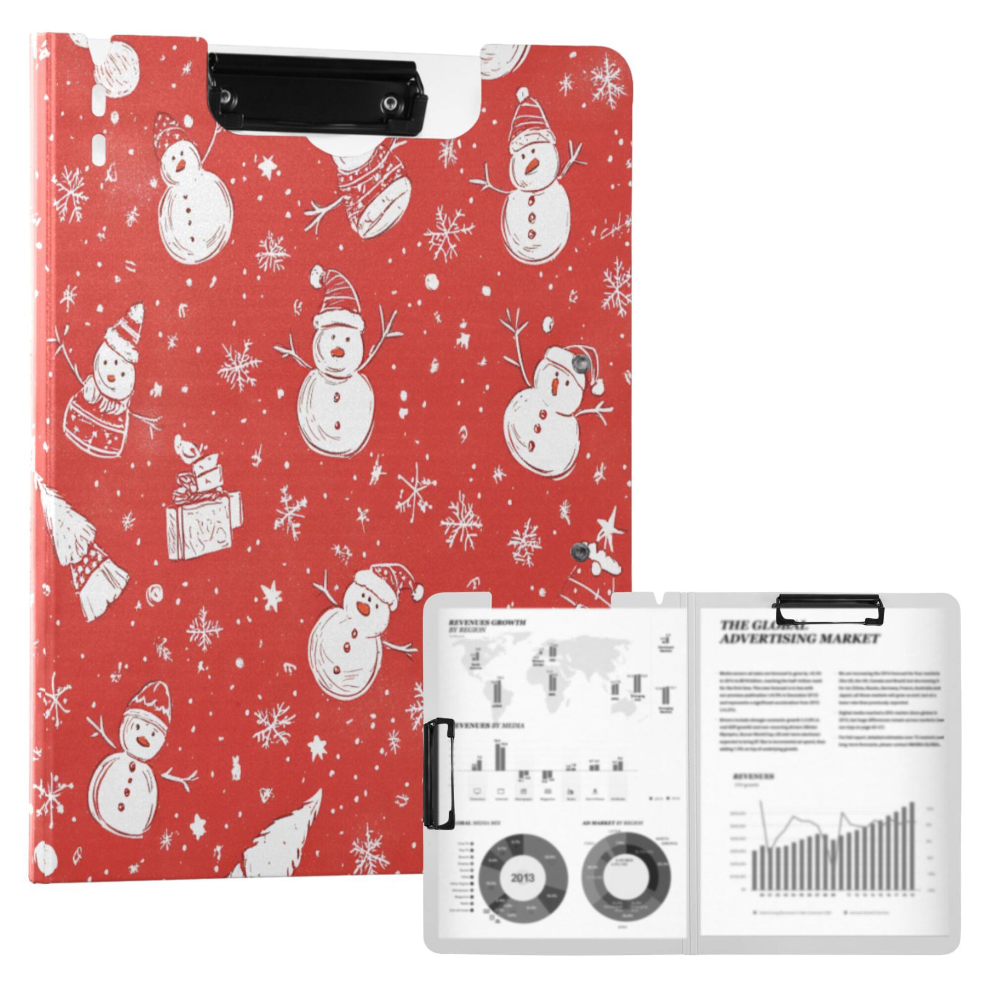 FORMRS A4 Clipboard Folder with Pen Holder Horizontal Foldable School Office Binder, Red Snowman