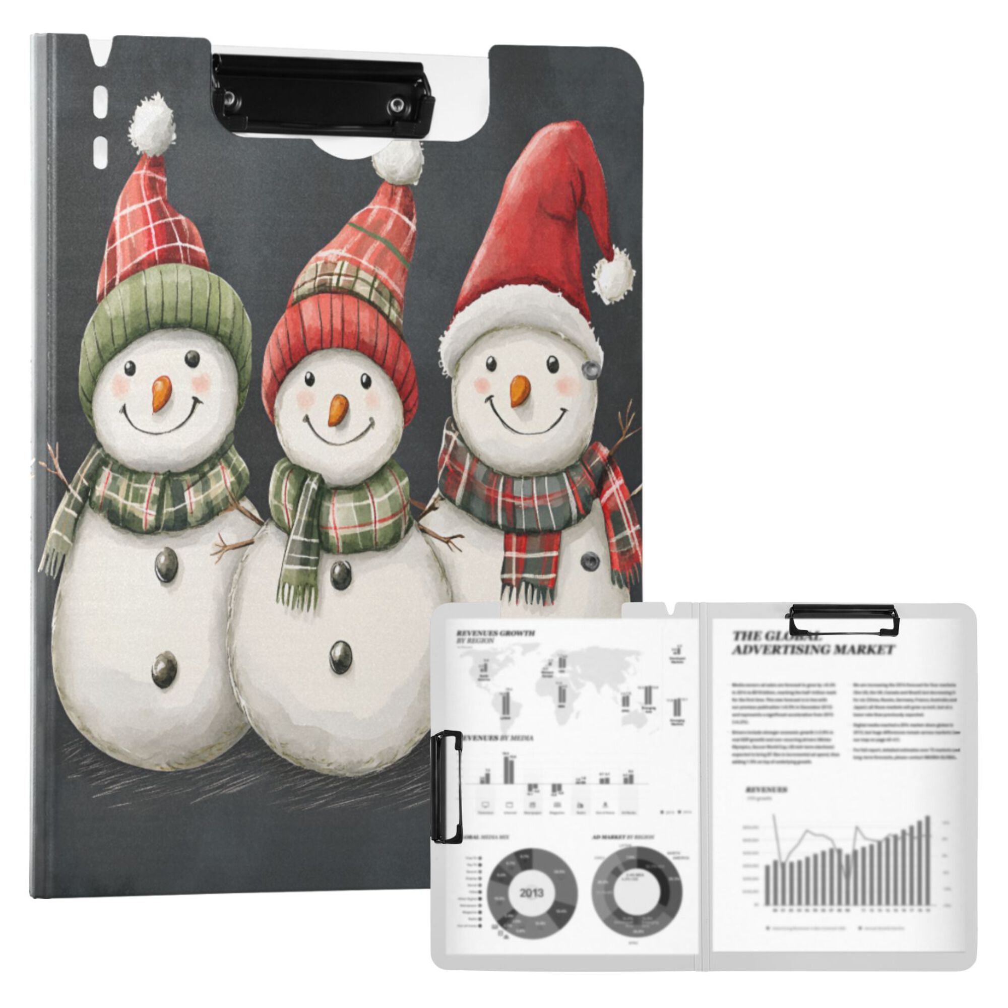 FORMRS A4 Clipboard Folder with Pen Holder Horizontal Foldable School Office Binder, Red Snowmen