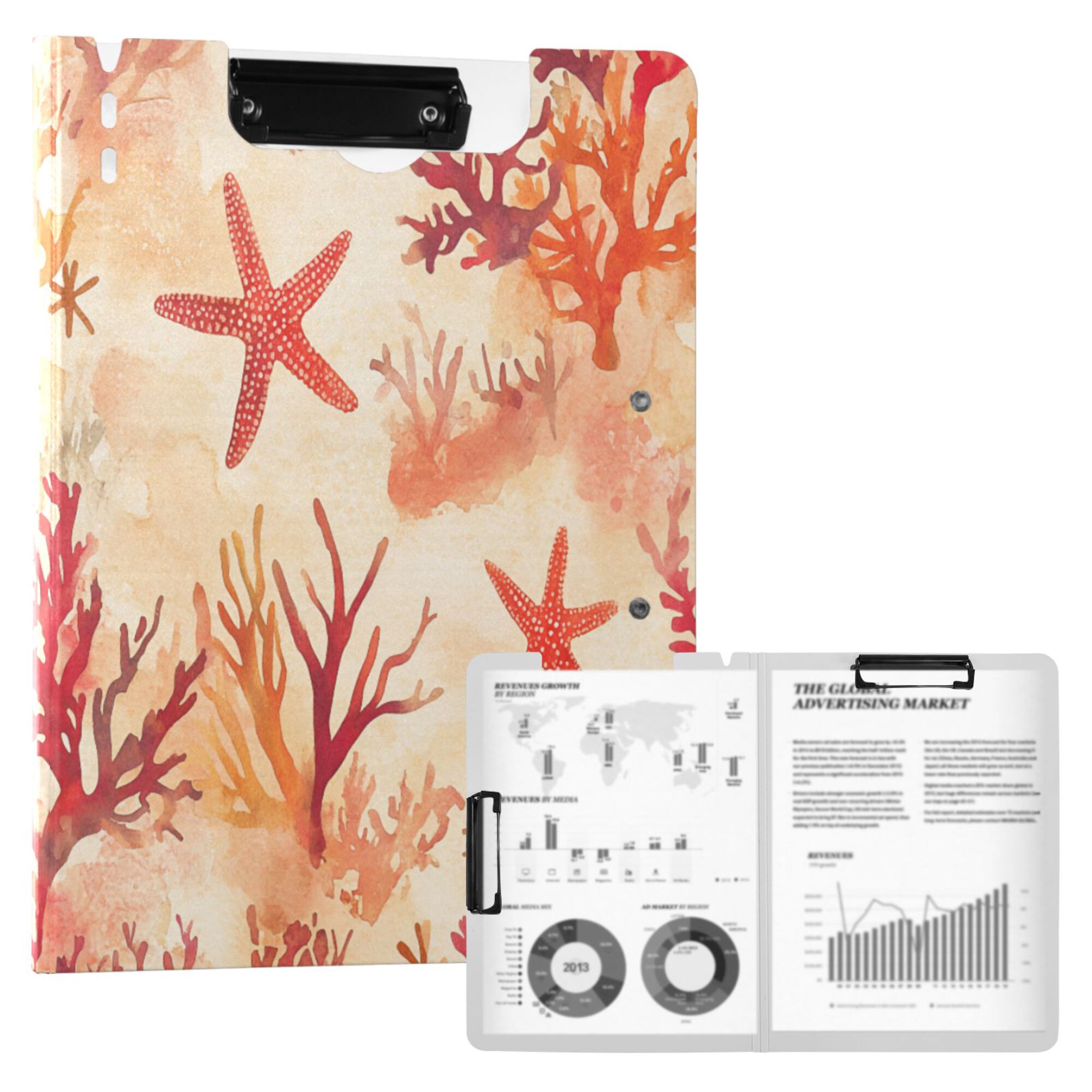 FORMRS A4 Clipboard Folder with Pen Holder Horizontal Foldable School Office Binder, Red Starfish