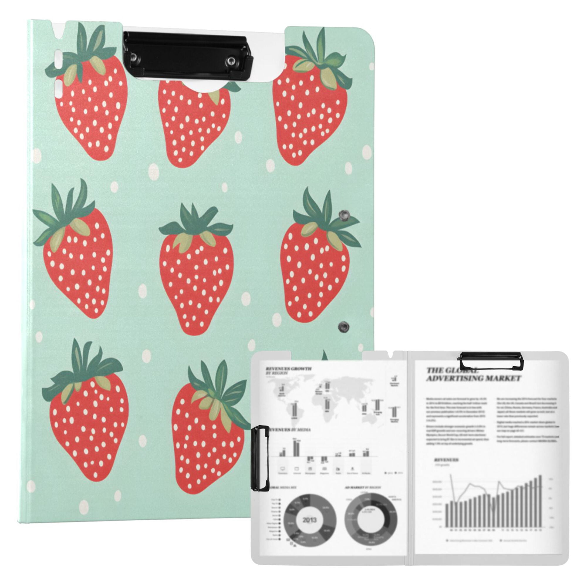 FORMRS A4 Clipboard Folder with Pen Holder Horizontal Foldable School Office Binder, Red Strawberry
