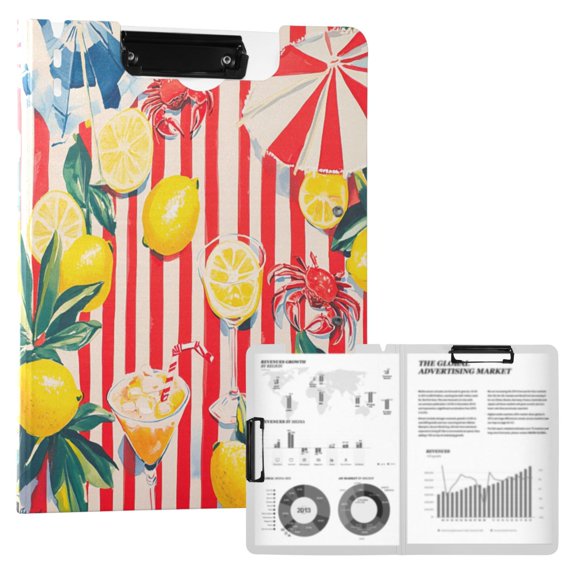 FORMRS A4 Clipboard Folder with Pen Holder Horizontal Foldable School Office Binder, Red Striped Lemon