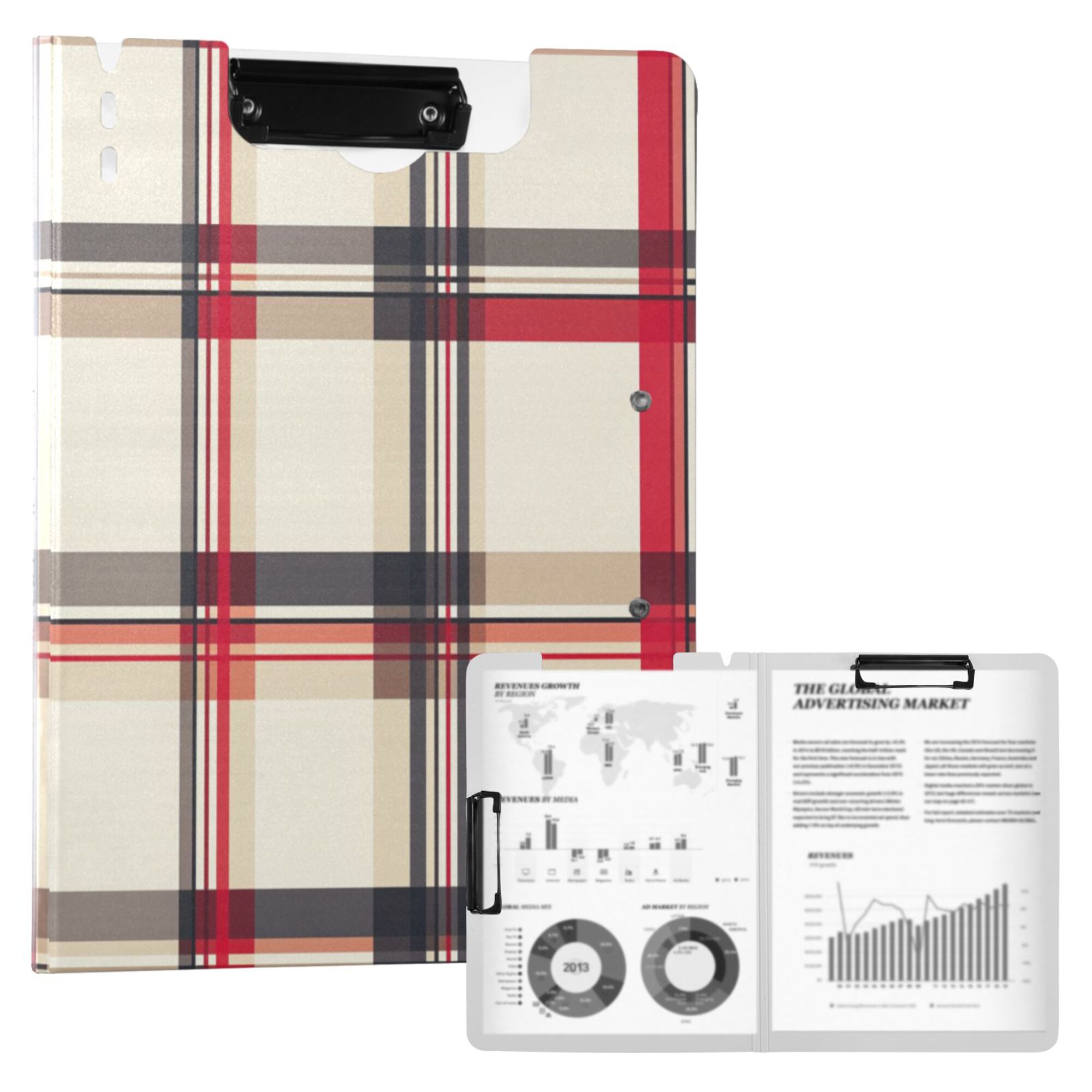 FORMRS A4 Clipboard Folder with Pen Holder Horizontal Foldable School Office Binder, Red Tartan