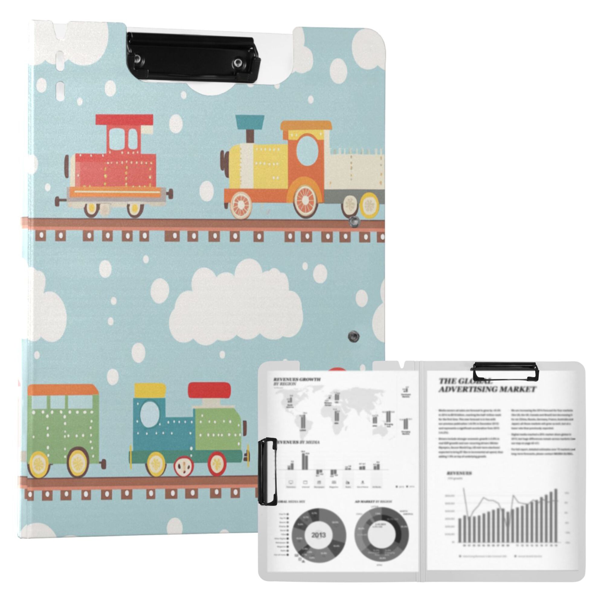 FORMRS A4 Clipboard Folder with Pen Holder Horizontal Foldable School Office Binder, Red Trains Pattern