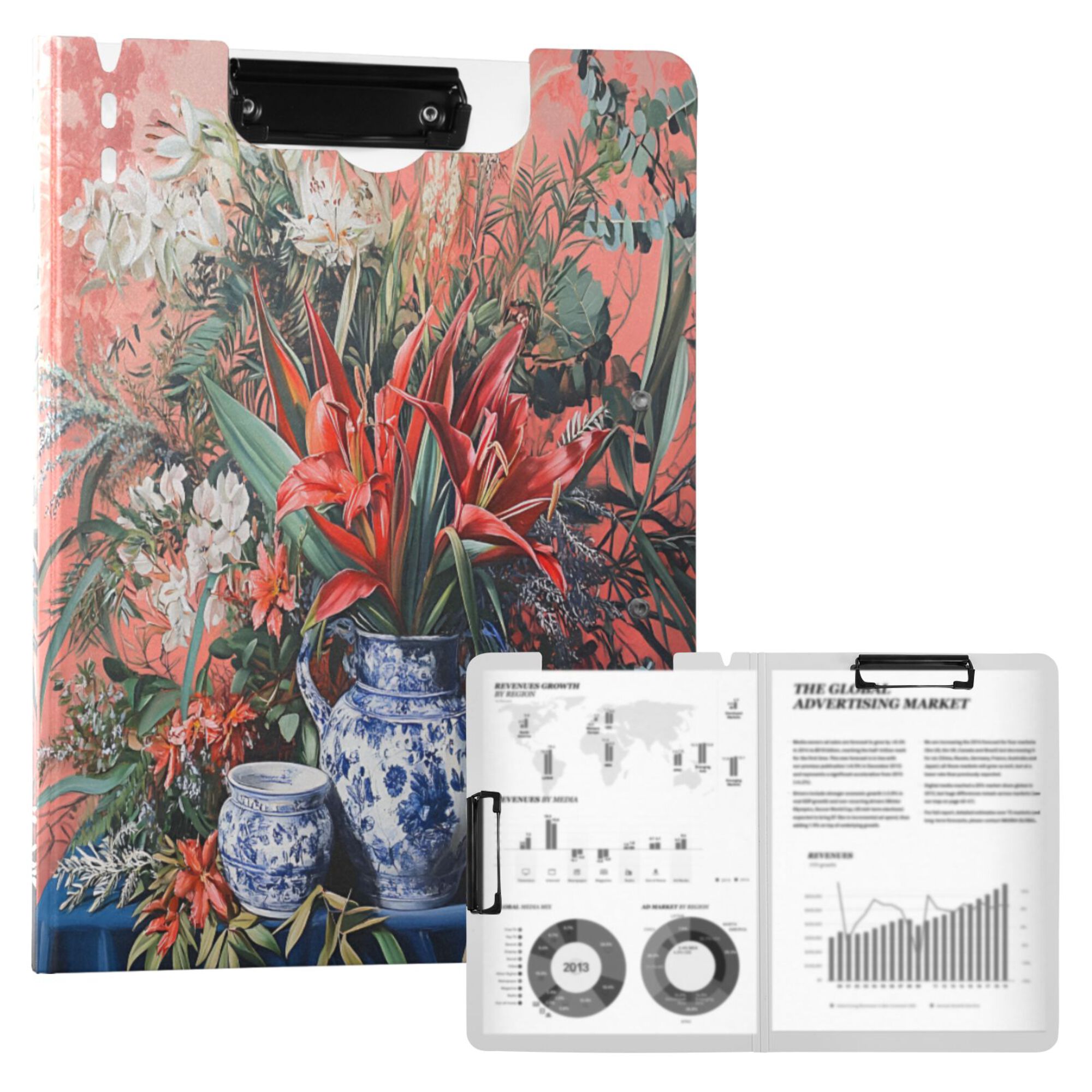 FORMRS A4 Clipboard Folder with Pen Holder Horizontal Foldable School Office Binder, Red Vibrant Flowers