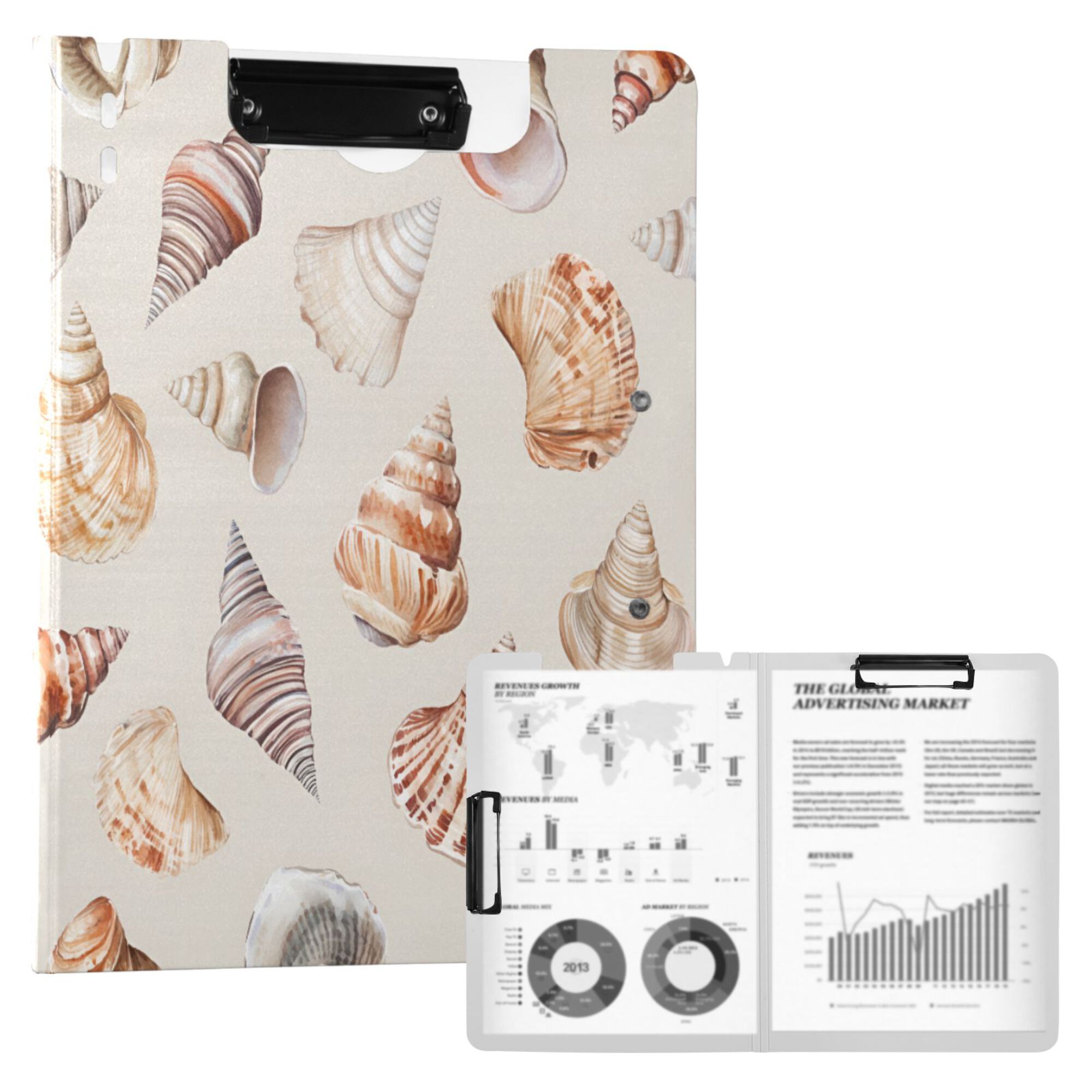 FORMRS A4 Clipboard Folder with Pen Holder Horizontal Foldable School Office Binder, Red Watercolor Seashells