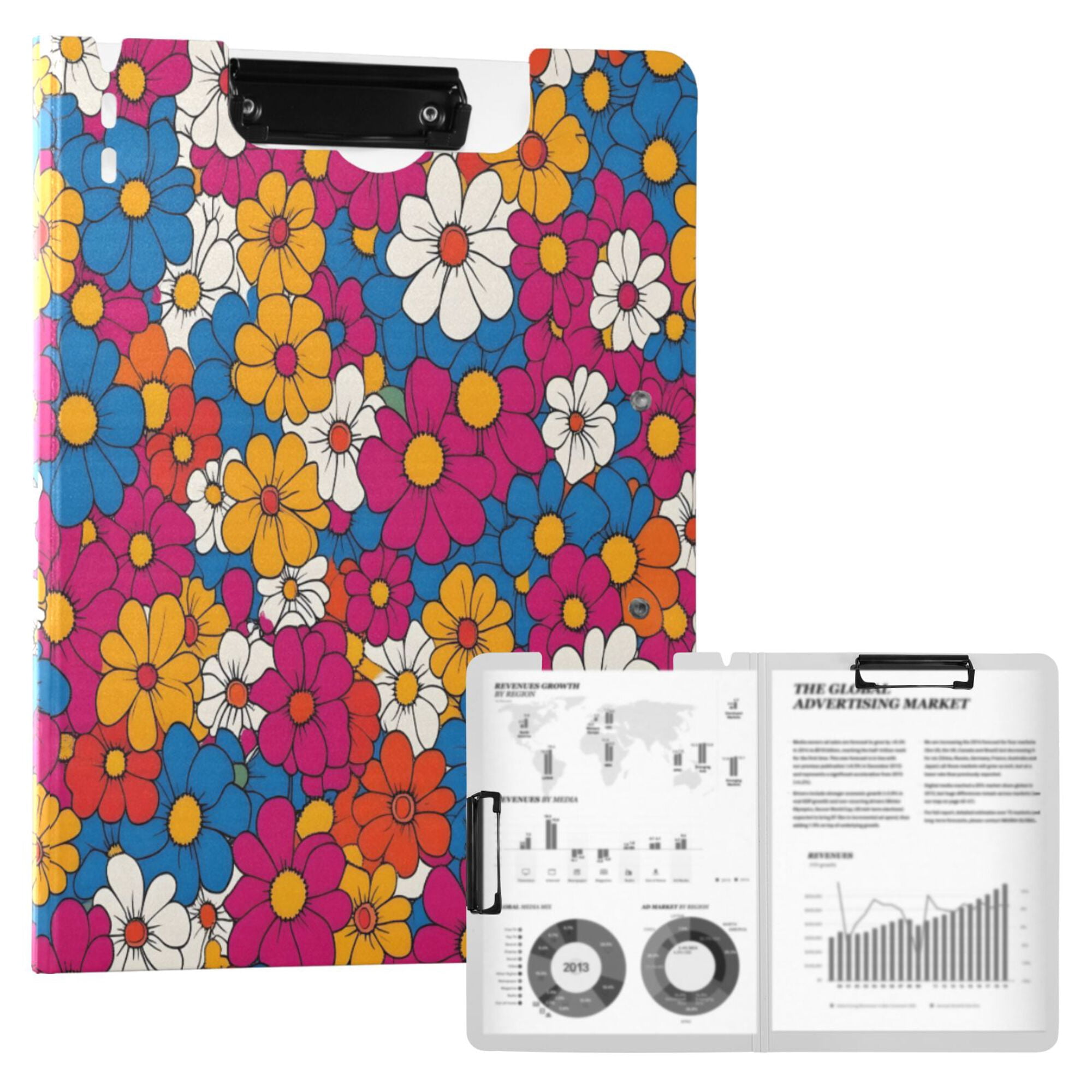 FORMRS A4 Clipboard Folder with Pen Holder Horizontal Foldable School Office Binder, Red Whimsical Floral