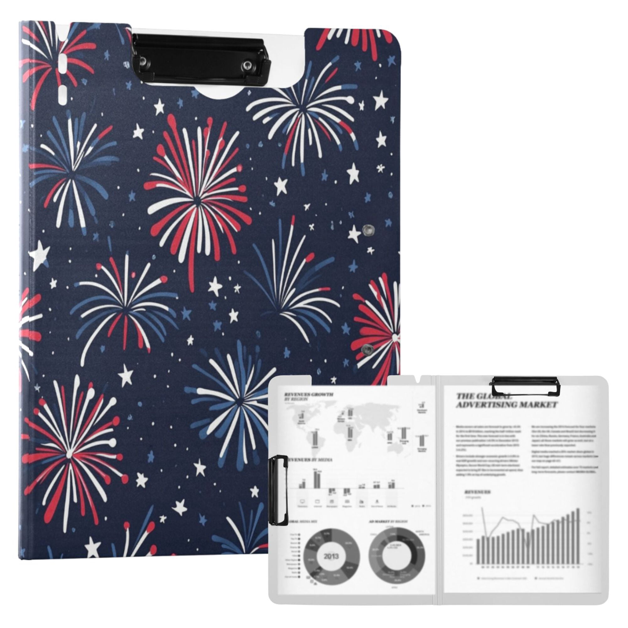 FORMRS A4 Clipboard Folder with Pen Holder Horizontal Foldable School Office Binder, Red and Blue Fireworks Pattern