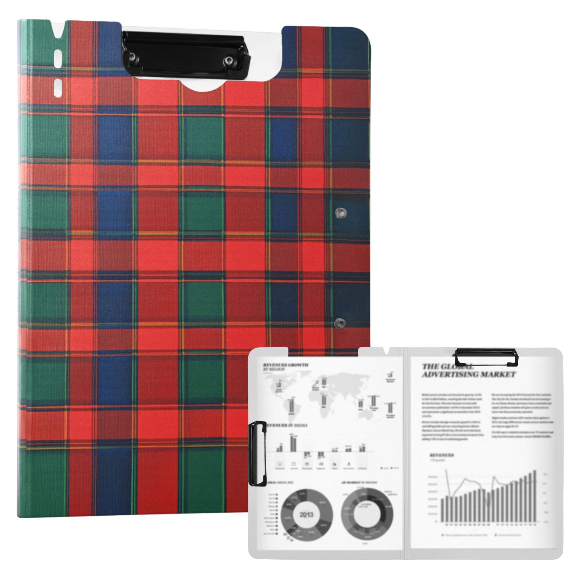 FORMRS A4 Clipboard Folder with Pen Holder Horizontal Foldable School Office Binder, Red and Blue Pattern