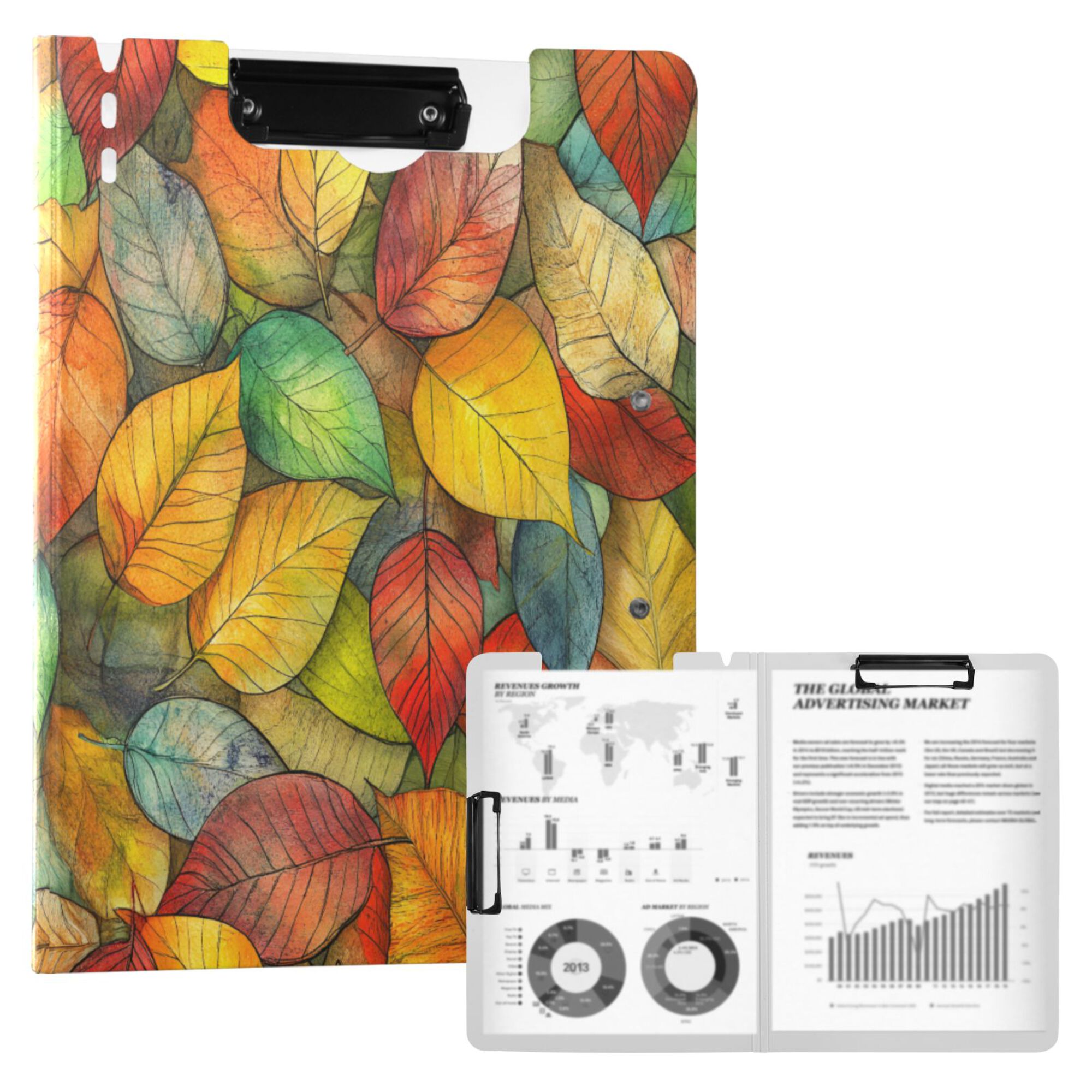 FORMRS A4 Clipboard Folder with Pen Holder Horizontal Foldable School Office Binder, Retro Autumn Leaves