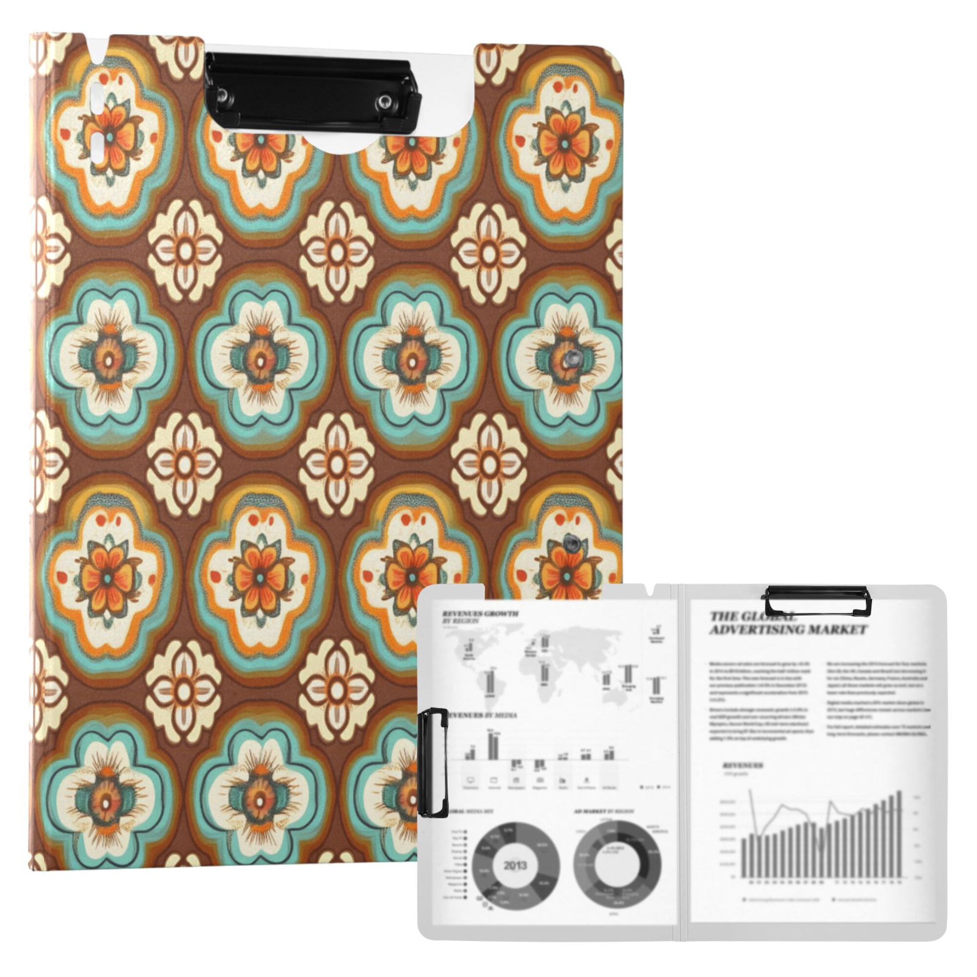FORMRS A4 Clipboard Folder with Pen Holder Horizontal Foldable School Office Binder, Retro Blossom Flower