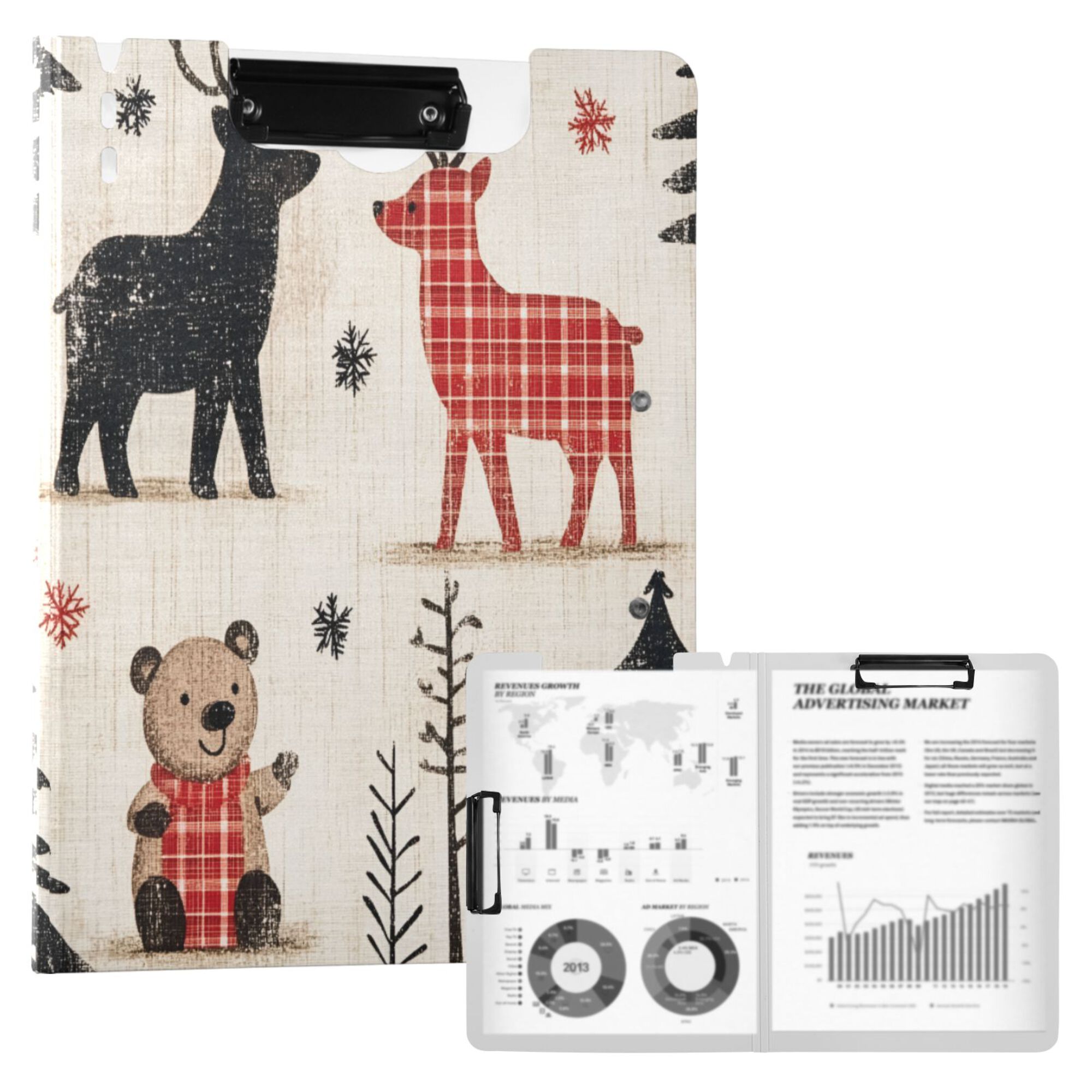 FORMRS A4 Clipboard Folder with Pen Holder Horizontal Foldable School Office Binder, Retro Christmas Forest